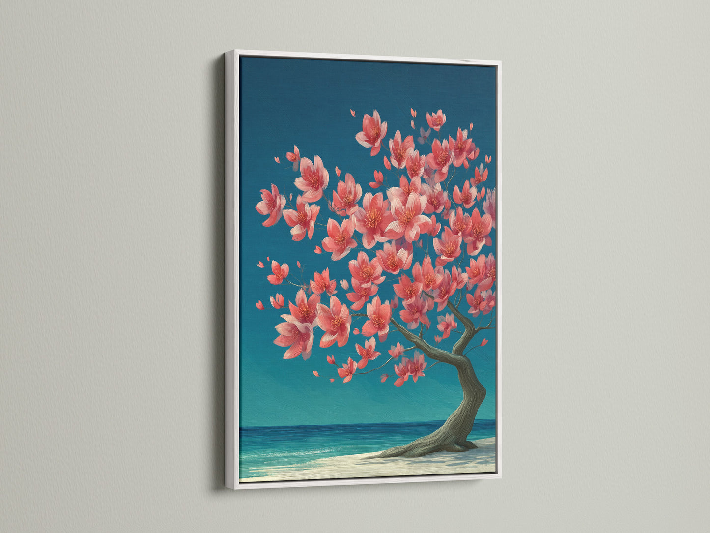 A white frame enhances the cherry blossom tree artwork. The light frame complements the artwork’s coral pink and teal tones. This artwork will brighten any room in your home adding a touch of spring.