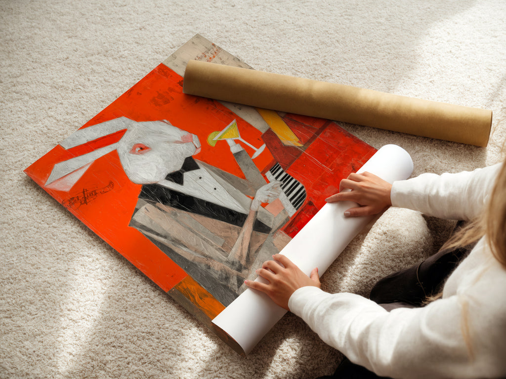 A woman carefully rolls a fine art poster paper. The paper features the rabbit pianist artwork. This image highlights the care and quality involved in creating each print. Perfect for those who appreciate fine art and unique wall decor. Shop now for your own high-quality poster.