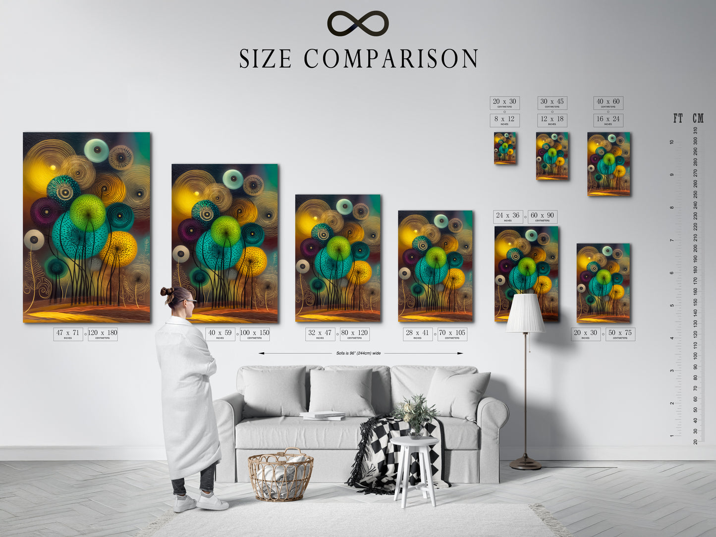 Size comparison chart displayed in a stylish interior. Visualize the perfect fit for your abstract floral art. Options include teal and gold botanical wall art. Find the ideal size for your modern art print. Enhance your space with this scandi decor piece. Perfect for any room.