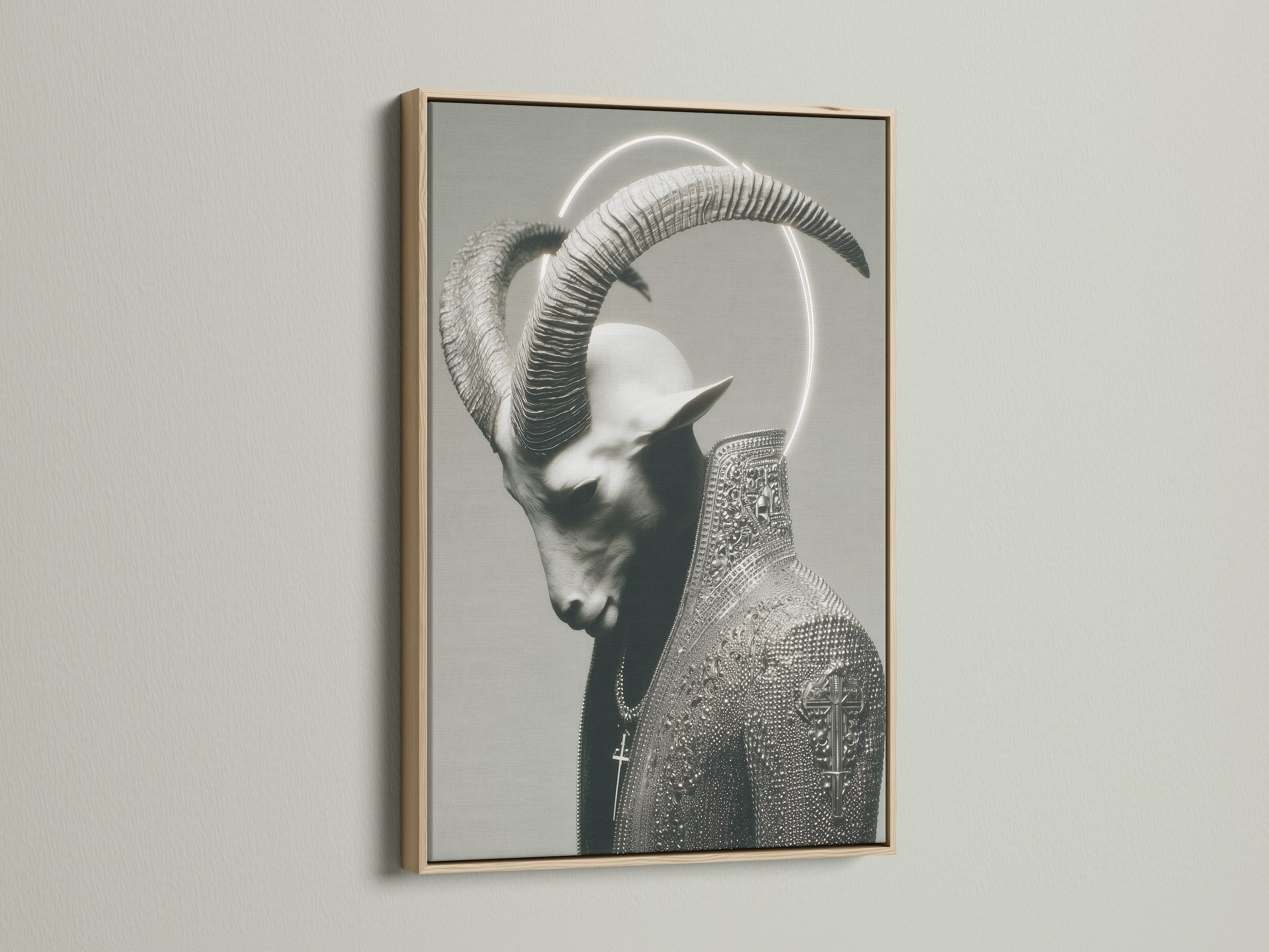 Gothic Horned Figure Art in an oak frame. The artwork features a dark surreal portrait on canvas. It is occult wall decor. It is perfect for a modern bedroom wall. The oak frame is a natural wood tone.