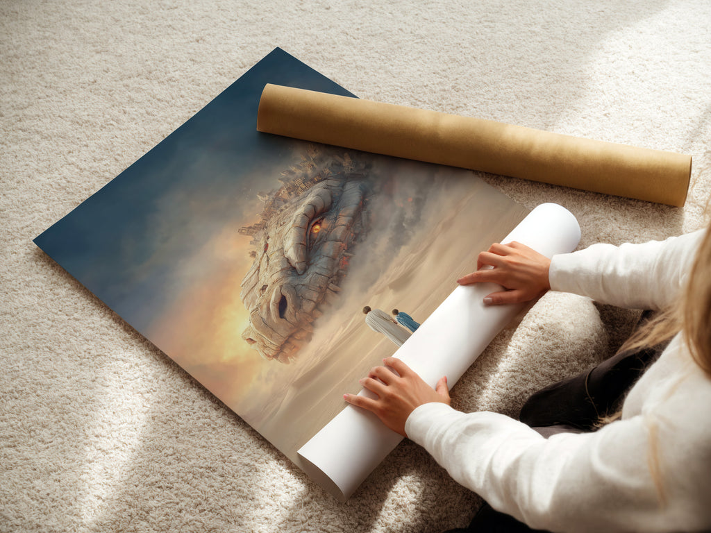 A woman is carefully rolling a fine art poster paper. The poster features a surreal fantasy art print. The fine art paper ensures high-quality vibrant colors. This print is perfect for adding a touch of dreamscape to your home decor. It's ideal for art enthusiasts.