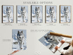 Available options include a stretched canvas print fine art poster paper and floating frame. Wolf pack artwork is shown in this animal wall art. Winter landscape and mountain scenery create a stunning wildlife print for cabin wall decor.