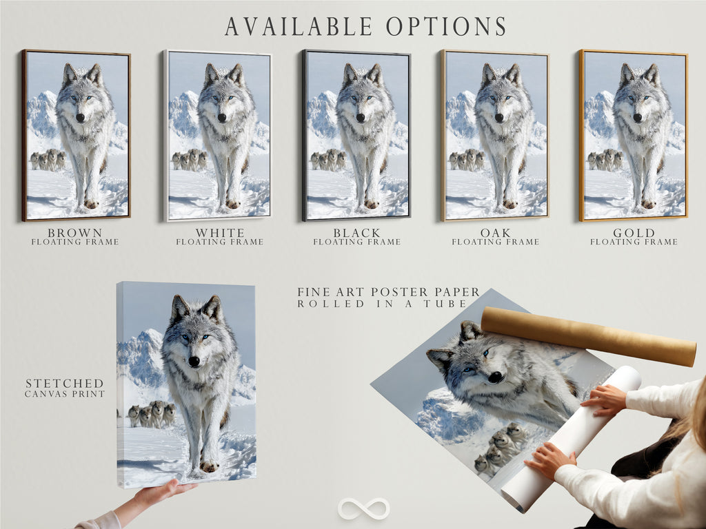 Explore available options for the wolf pack artwork. Choose from a stretched canvas print. Opt for fine art poster paper. Consider a floating frame. Each option enhances the artwork's appeal. Tailor your selection to match your style and decor preferences. Perfect for cabin wall decor.
