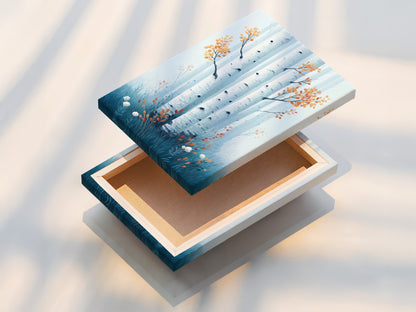 Stretched canvas print featuring birch tree art. The teal forest wall art is ready to hang. Enjoy this Scandinavian style nature print. Perfect for adding a touch of nature to your home decor.