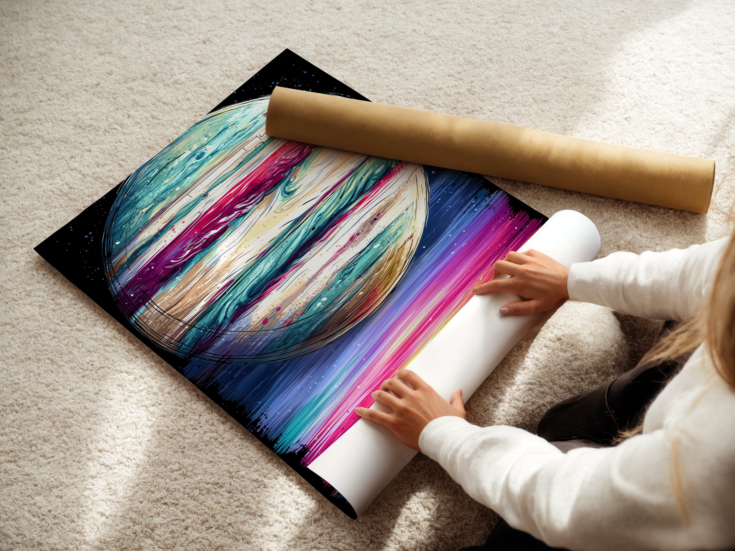 A woman carefully rolling a fine art poster paper. Ensuring the quality of our abstract galaxy artwork. Get your celestial print ready for framing. Experience the beauty of our modern art print.