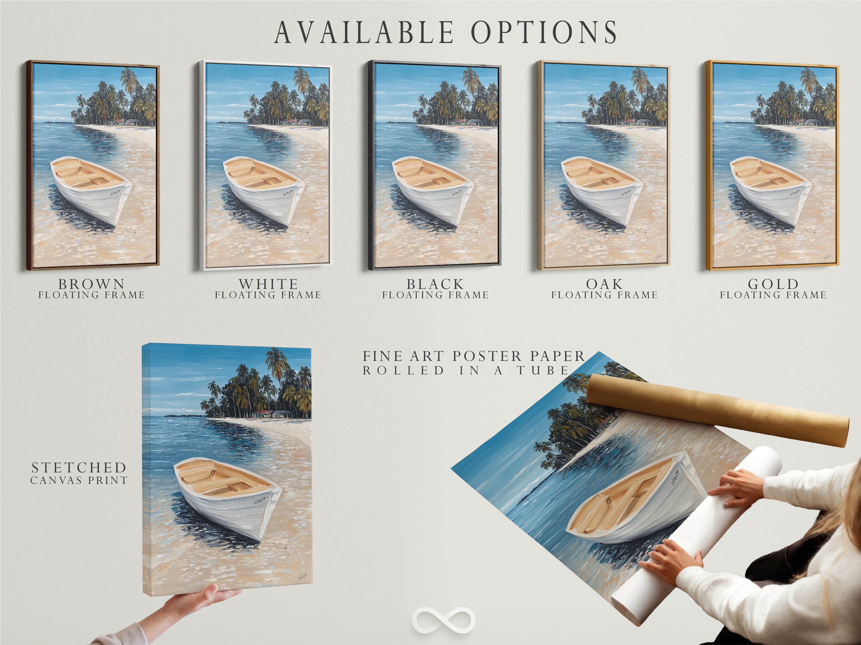 Available options include stretched canvas prints fine art poster paper and floating frames. Our tropical beach artwork features a white boat. Choose the perfect format for your coastal wall art. Enhance your beachy home decor with our nautical artwork.