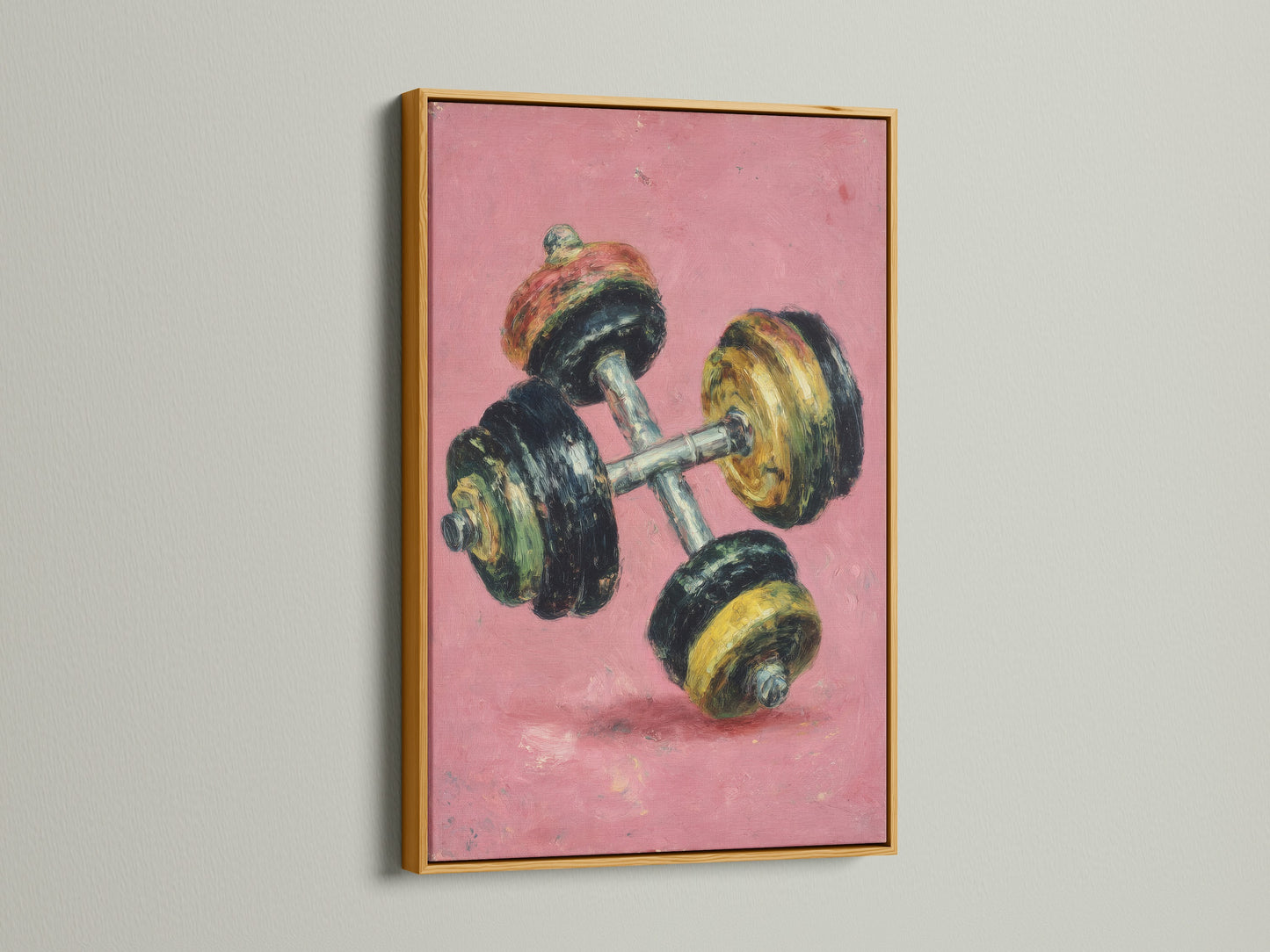 This vintage dumbbell artwork print is showcased in a gold frame. The retro fitness wall art features a pink canvas. This motivational workout art is perfect for home gyms. Elevate your space with this fitness art.