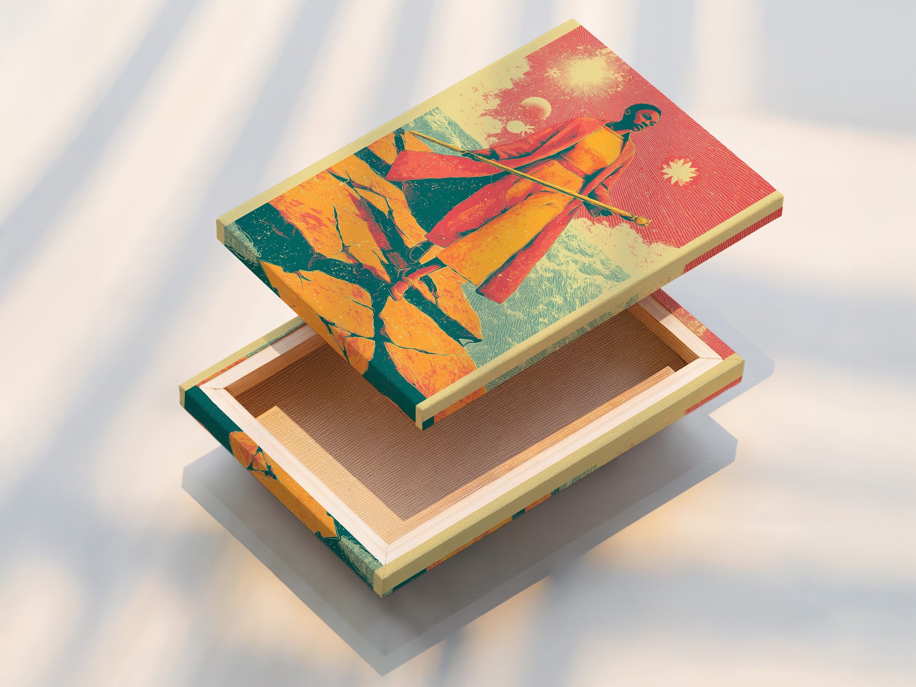 A stretched canvas print featuring retro fantasy art. The vintage sci-fi woman canvas art is ready to hang. The surreal desert wall decor adds depth to any room. Perfect for homeowners and renters. Elevate your home decor with this unique fantasy artwork. Add artwork to your office.