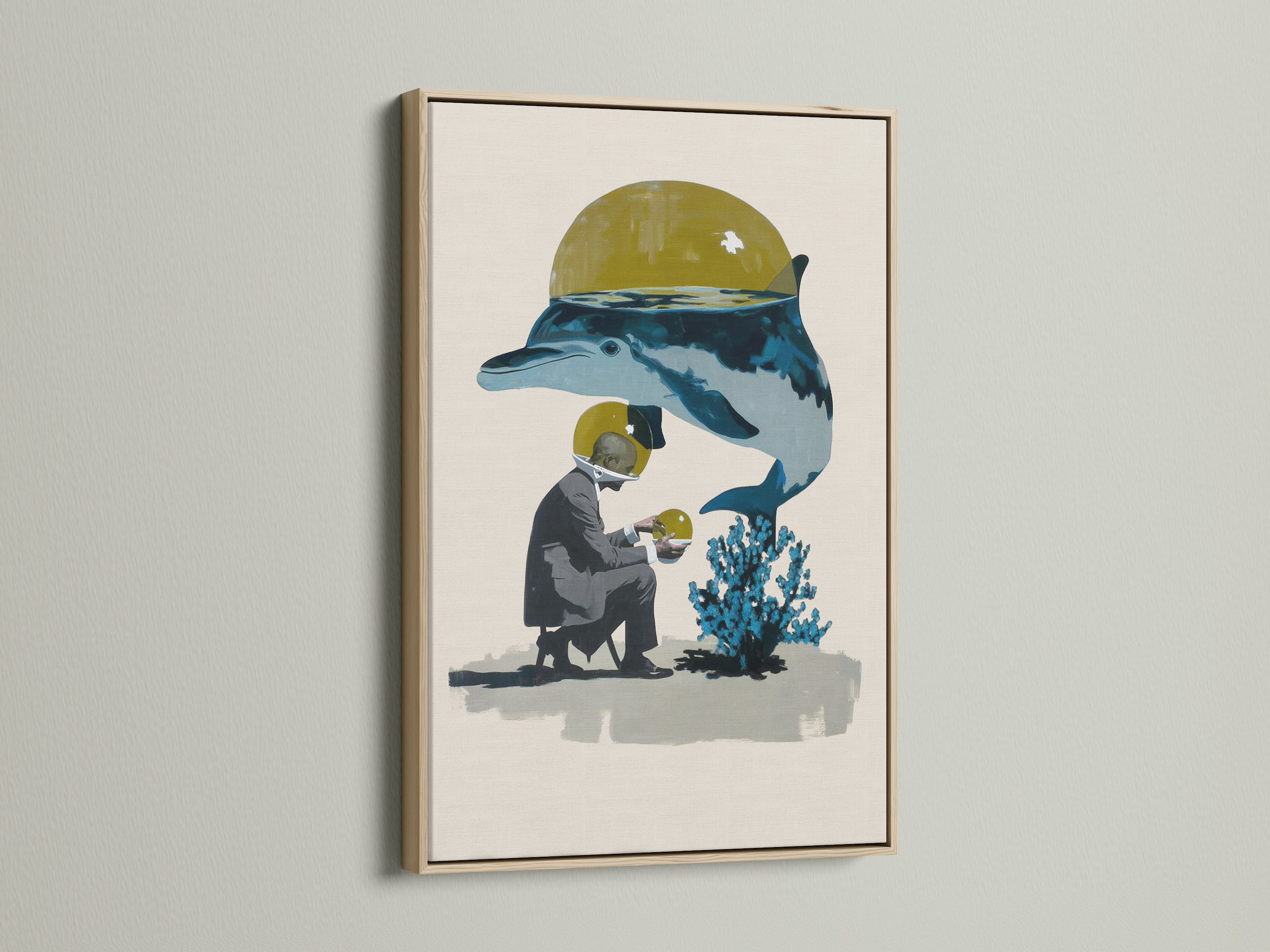 Surreal Ocean Artwork with an oak frame. The artwork features a diver and a whale. It is a contemporary marine life art piece. It is perfect for any home or office. The oak frame adds a touch of warmth.