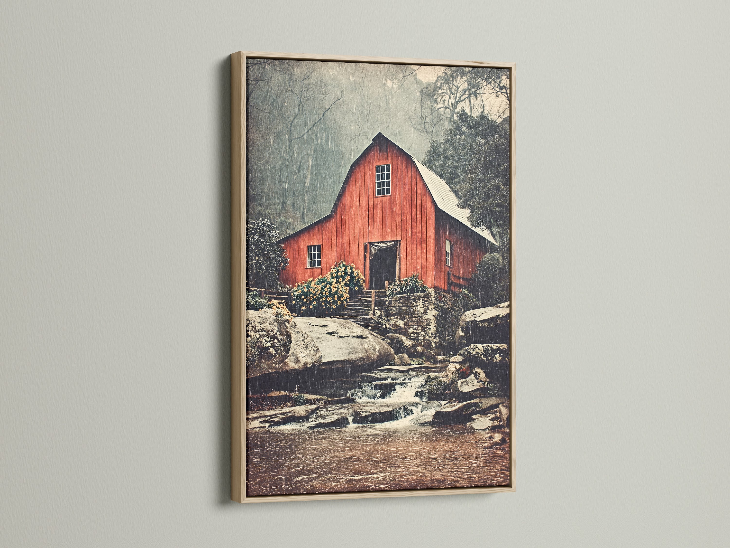 The red barn artwork showcases a vintage country landscape. The oak frame enhances the rustic charm. This farmhouse print is ideal for adding rural scenery to your space it brings country charm.