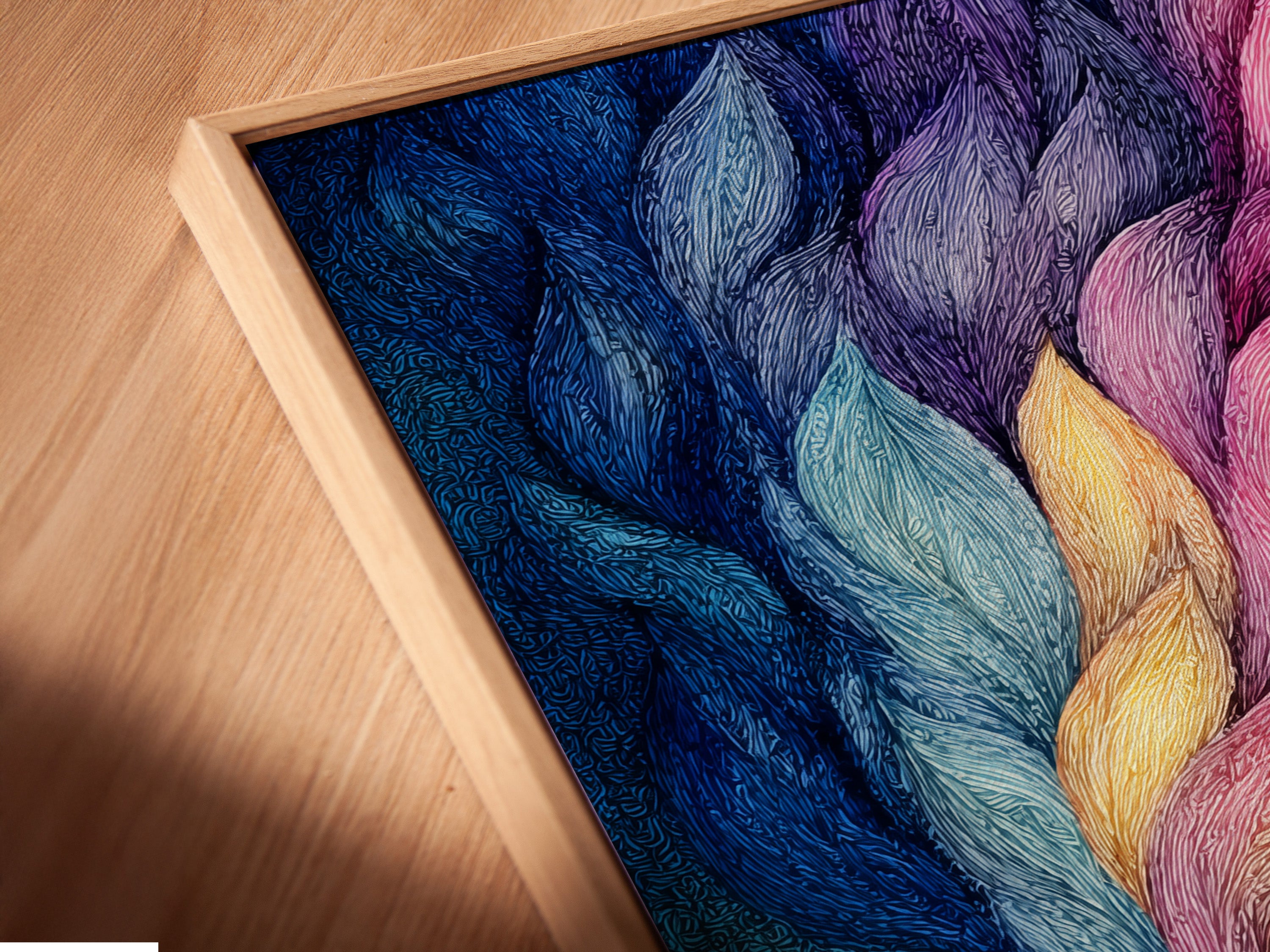 A close up angled view of a canvas print. It is set in a floating frame. The frame enhances the artwork. It creates a modern gallery look. Discover the beauty of canvas prints in floating frames. Perfect for contemporary homes. Elevate your art collection.