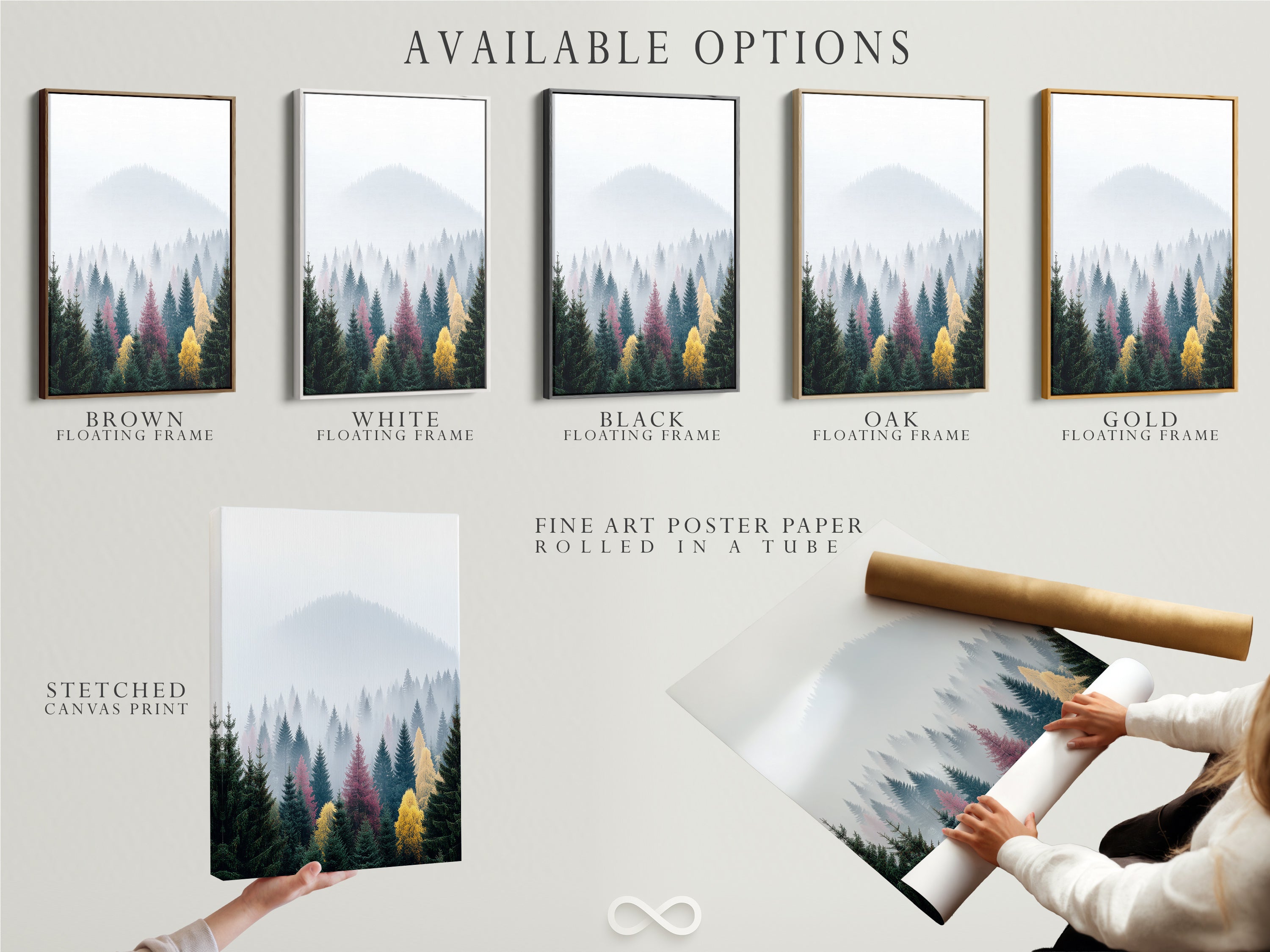 Explore available options including stretched canvas prints. Also available are fine art poster paper and floating frames. Create your perfect misty mountain forest artwork. Ideal for modern and Scandinavian decor. Customize your space today.