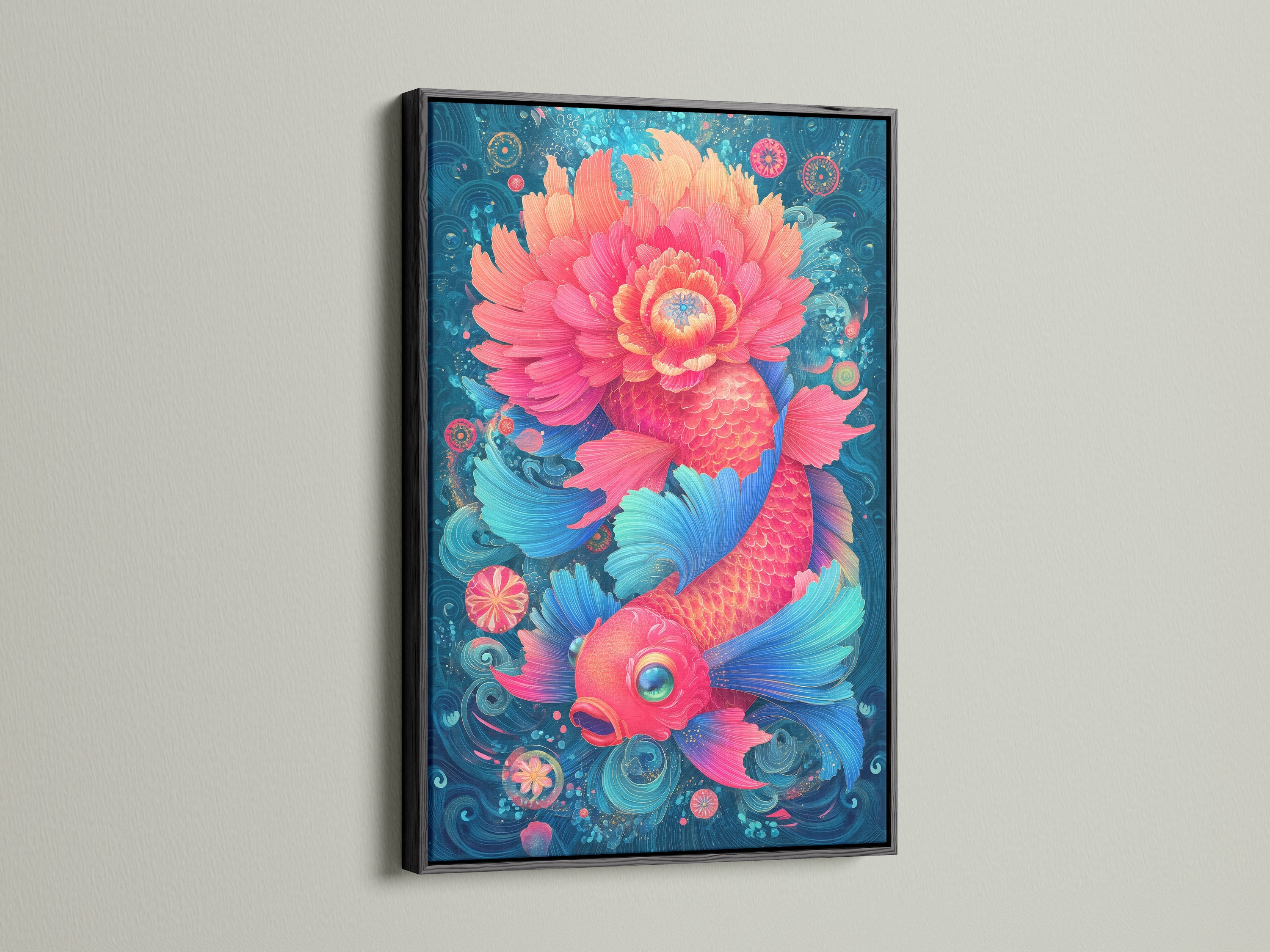 A black frame holds a beautiful koi fish artwork. The black frame adds a touch of sophistication. The art combines floral elements with a pink fish and teal colors. This piece is ideal for modern Asian inspired decor.