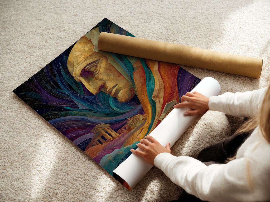 A woman is carefully rolling a fine art poster paper. The paper features a surreal portrait artwork. The artwork features a colorful abstract face. This would be great psychedelic digital art for modern office decor. The style is contemporary