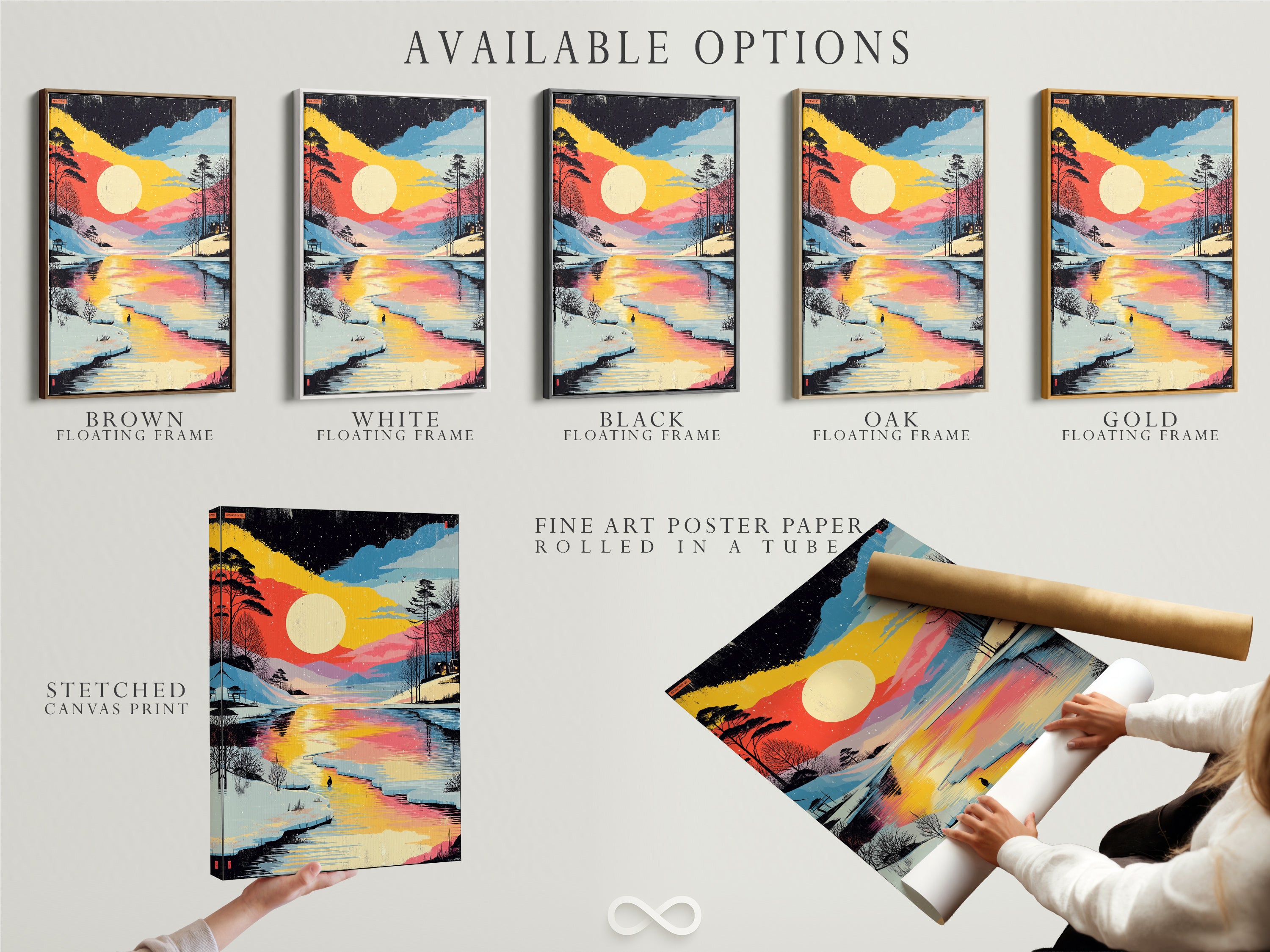 Available options for the Winter Sunset Canvas Print include a stretched canvas print fine art poster paper and floating frame. The artwork features a colorful lake landscape. Snowy forest artwork offers versatile display choices.