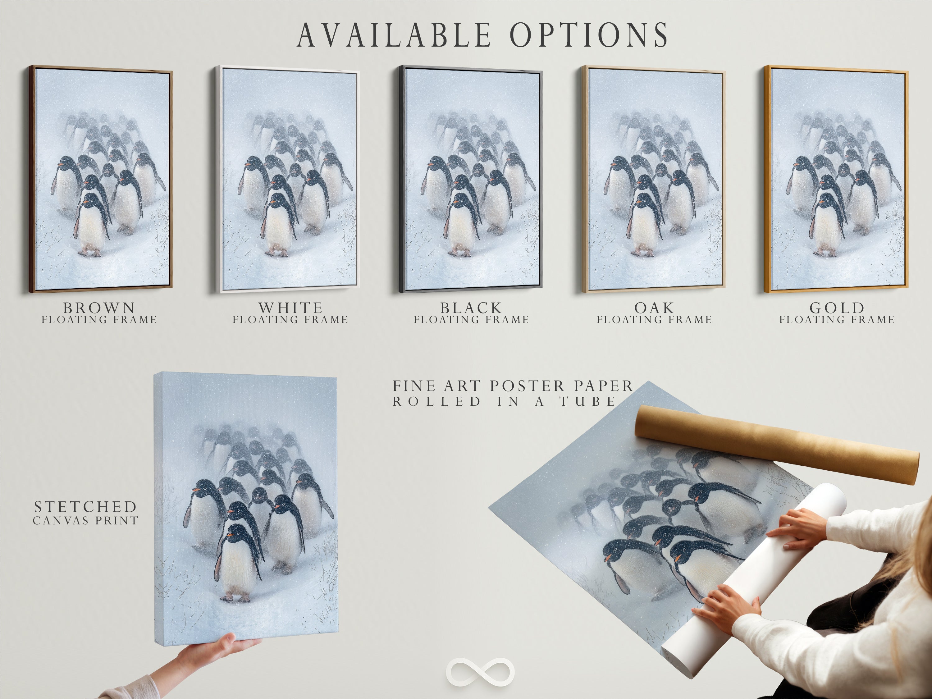 Available options for the Penguin Parade artwork. Choose between a stretched canvas print fine art poster paper or floating frame. Customize your polar animal photography today.