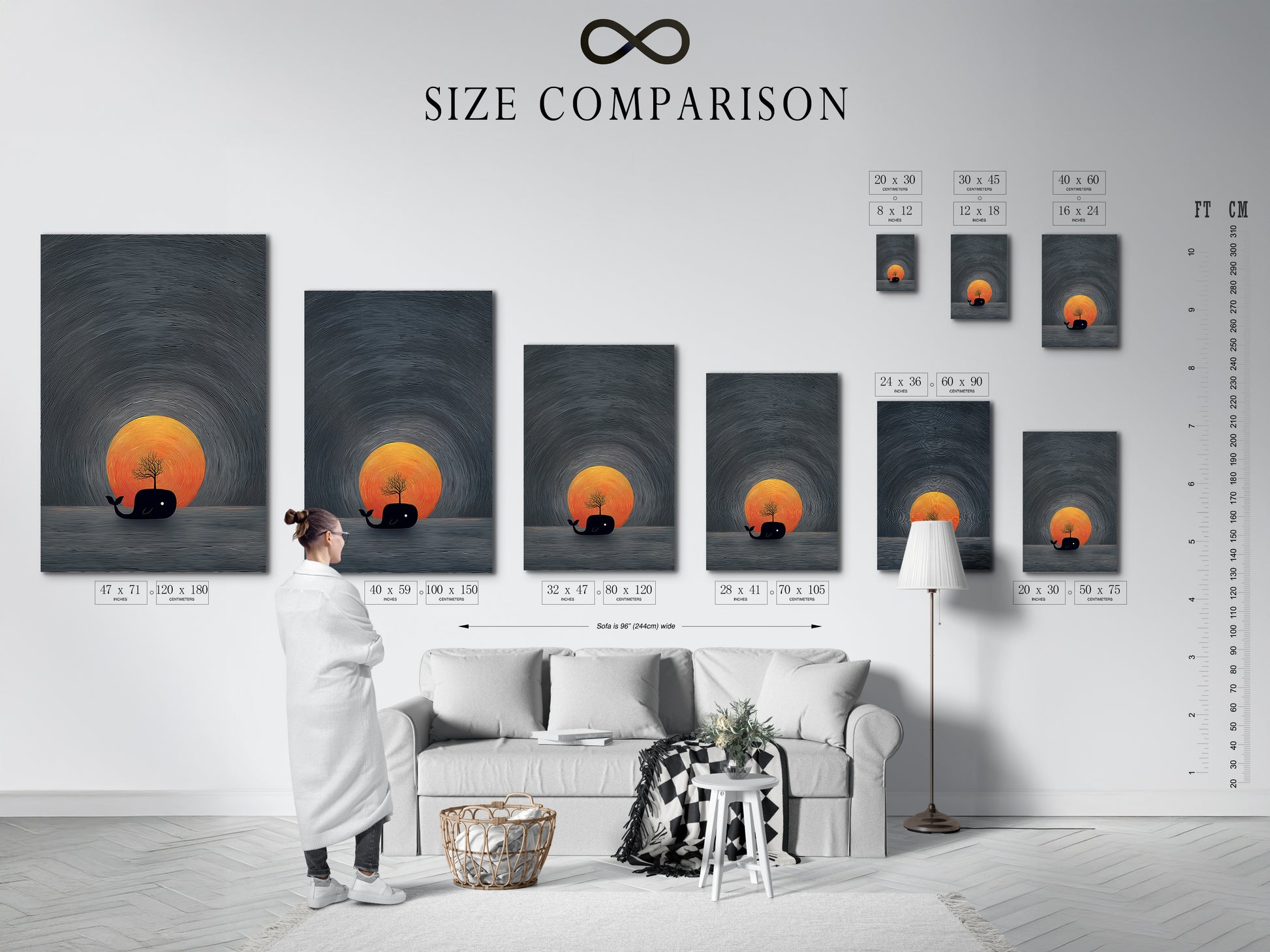 A size comparison chart showcases the whale art in an interior setting. Visualize how this minimalist ocean artwork fits in your space. The sunset canvas print adds a touch of coastal charm. Find the perfect size for your wall decor needs.