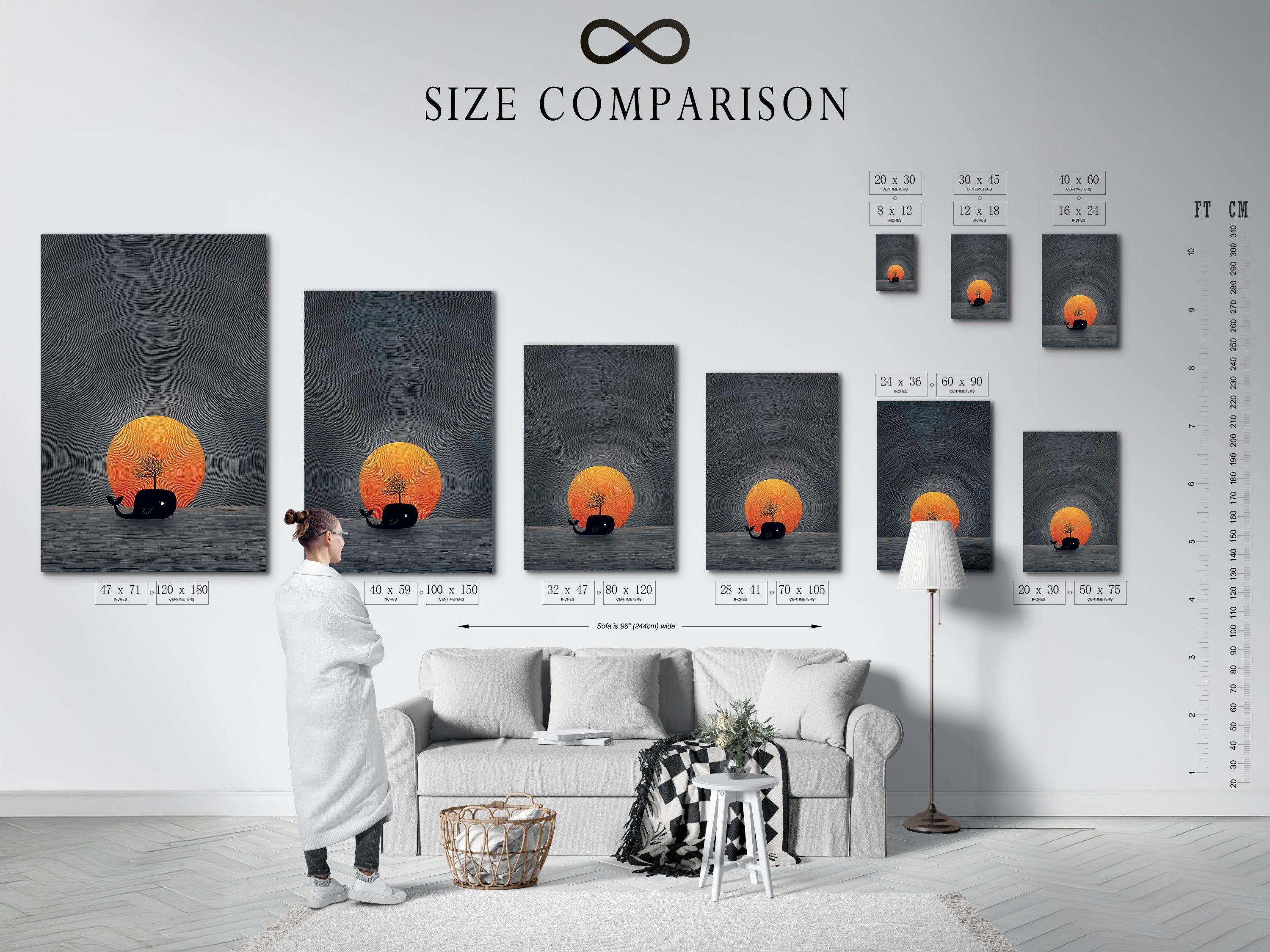 A size comparison chart showcases the whale art in an interior setting. Visualize how this minimalist ocean artwork fits in your space. The sunset canvas print adds a touch of coastal charm. Find the perfect size for your wall decor needs.