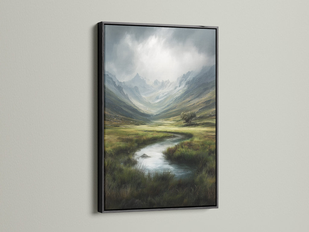 Mountain Valley Landscape Print - Serene River Scene, Nature Wall Art, Green Meadow Artwork, Scenic Home Decor, Highland Print