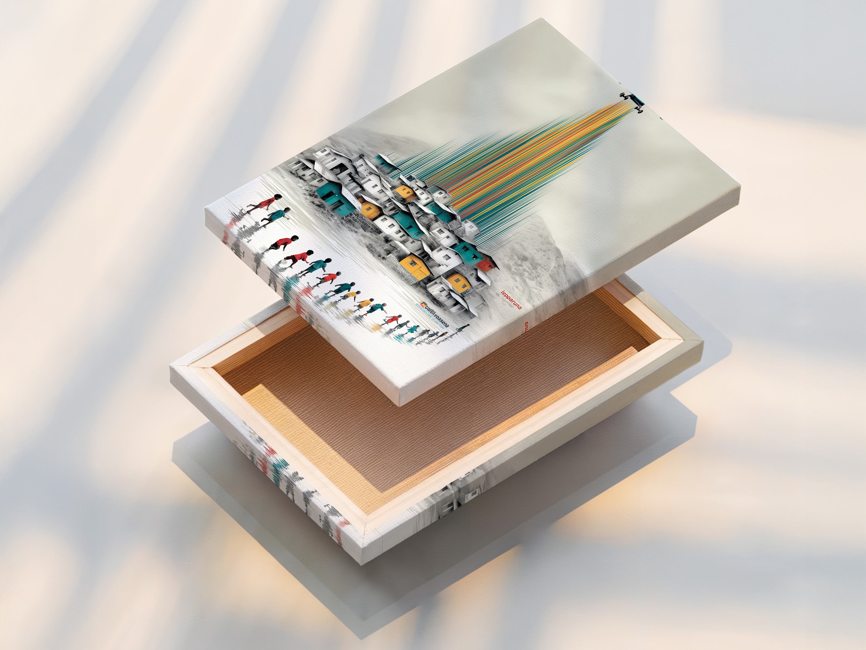 Close up of a stretched global children canvas artwork. The artwork features a colorful village scene. Children are walking towards the village. The stretched canvas print is ready to hang. It is a great addition to any playroom or classroom.