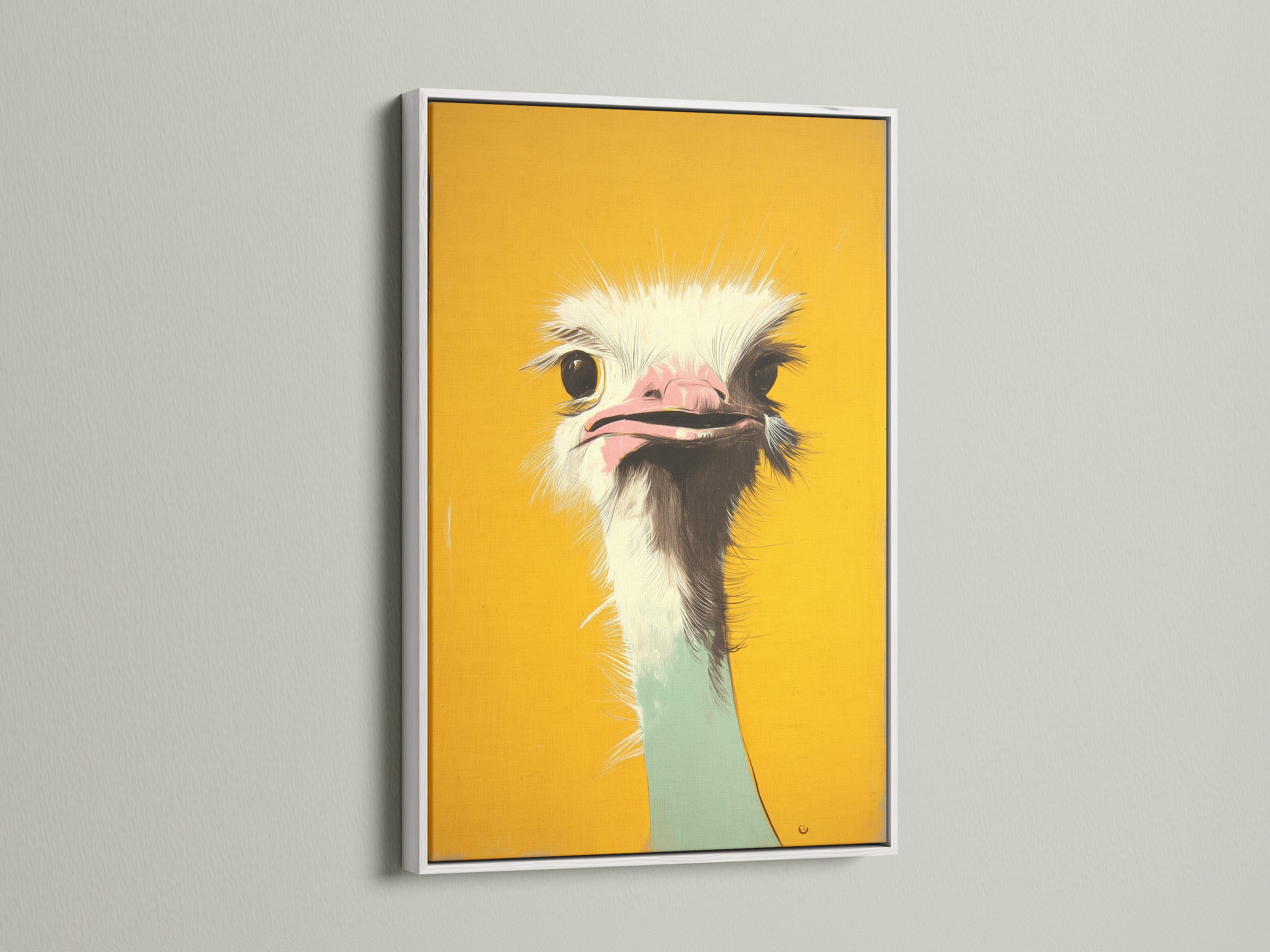 An ostrich art print is beautifully presented in a white frame. The white frame offers a clean and modern look. This art piece effortlessly blends with any interior style. Explore framed artwork now.