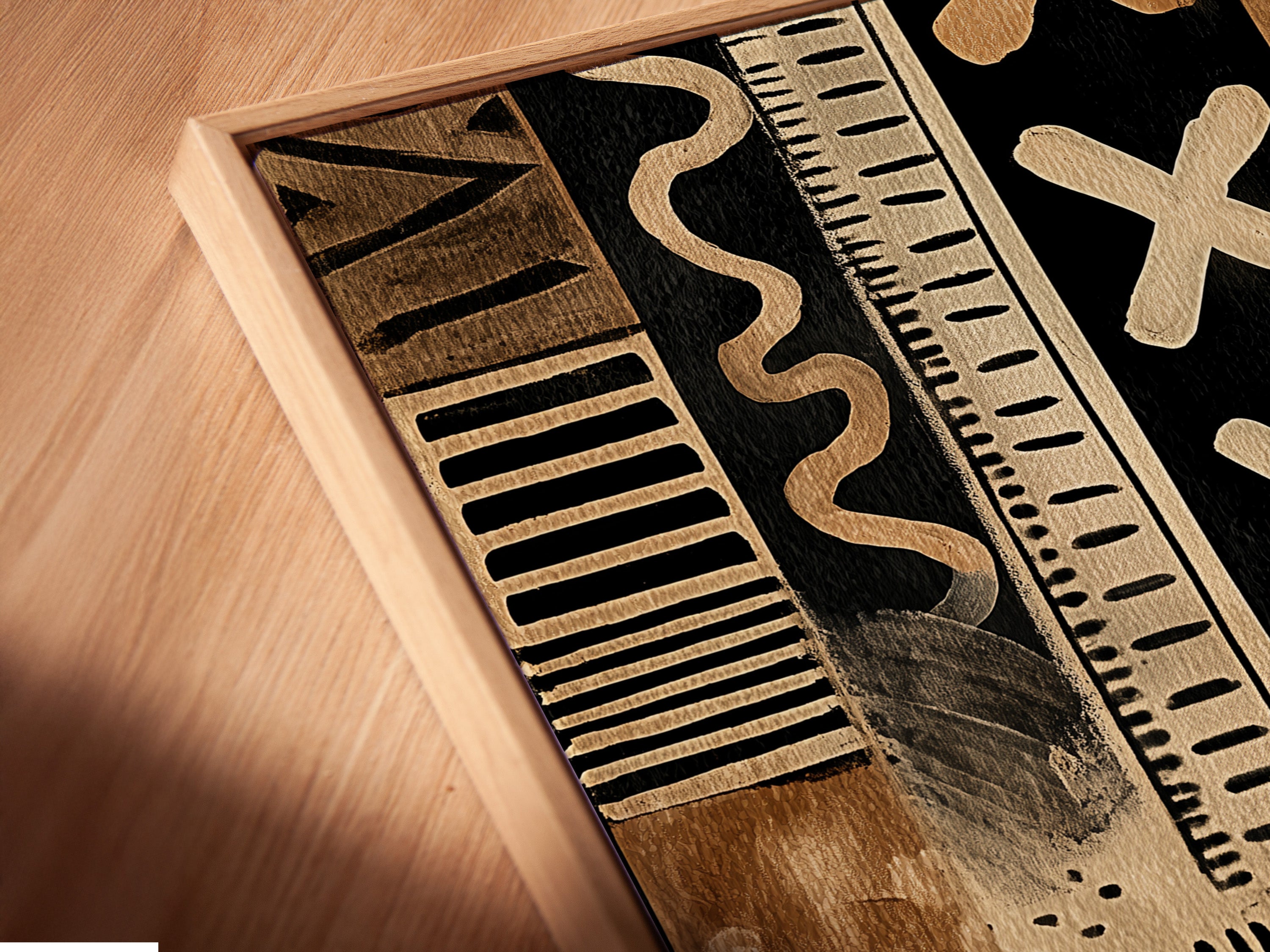 A canvas print appears in a floating frame. The close-up shows the frame's details. The floating frame enhances the artwork's depth. The angled view showcases the canvas texture. This framing style offers a contemporary touch.