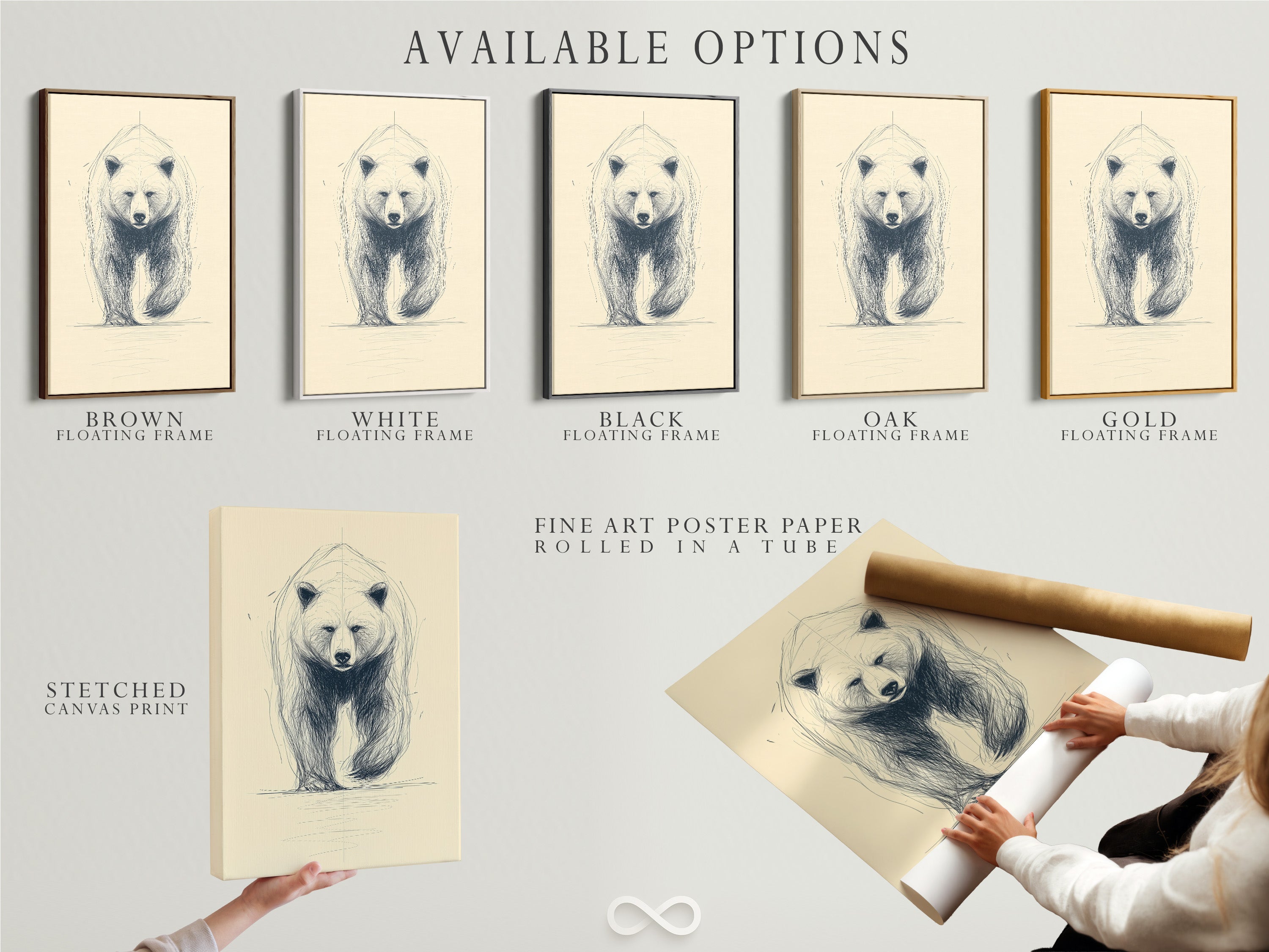 Available options for bear art prints. Choose from stretched canvas prints fine art poster paper and floating frames. This minimalist wildlife sketch is perfect for any room. The animal drawing is a vintage-inspired piece. Enhance your decor with rustic artwork.
