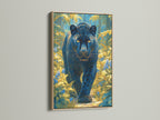 The Black Panther artwork is displayed in an oak frame. The jungle cat print gains warmth and sophistication. This frame choice complements the teal and gold decor. Ideal animal wall art for a living room or study room. Enhance your space with this unique feline artwork.