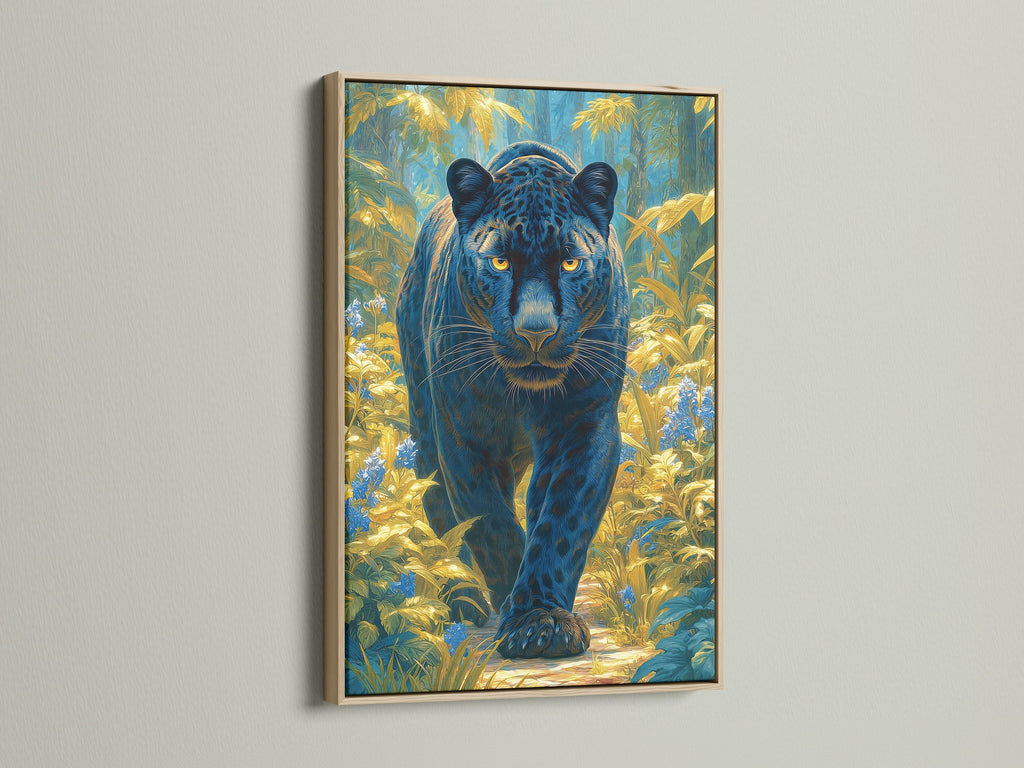 Black Panther artwork in an oak frame. The jungle canvas features a teal and gold color palette. This animal print is perfect for adding a modern touch to your home decor. The big cat print is ideal for living rooms or offices.