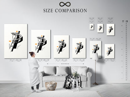 An interior setting displays a size comparison chart for artwork. The chart includes the Highway Overpass print. Various sizes are available to suit any space. This urban minimalist art enhances modern decor. The cityscape canvas offers a unique focal point.  Find the perfect size for your artwork.