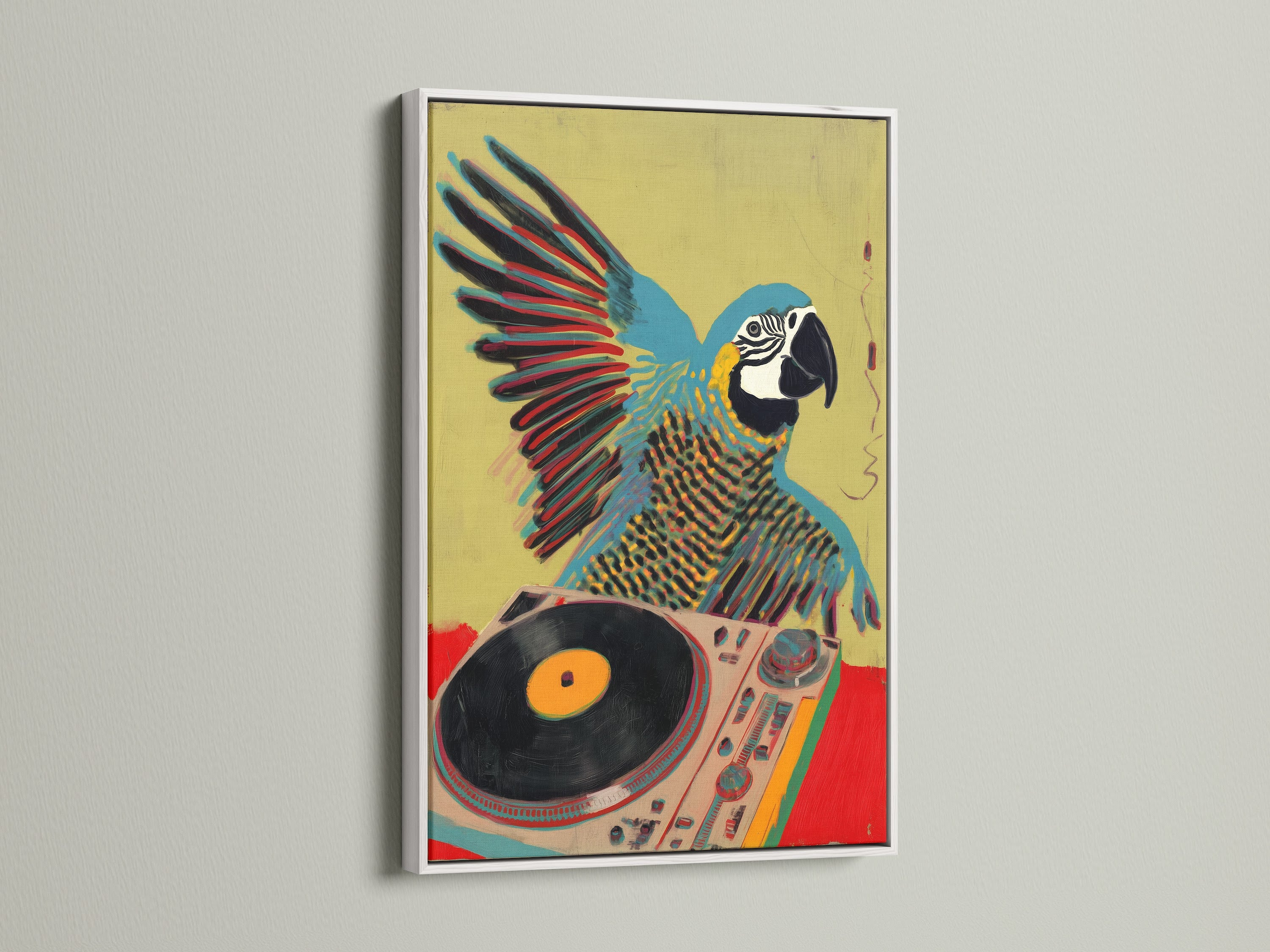 The parrot DJ artwork is showcased in a white frame. The white frame gives a clean contemporary look. It is ideal for a music studio or living room. The colorful bird art stands out against the white.