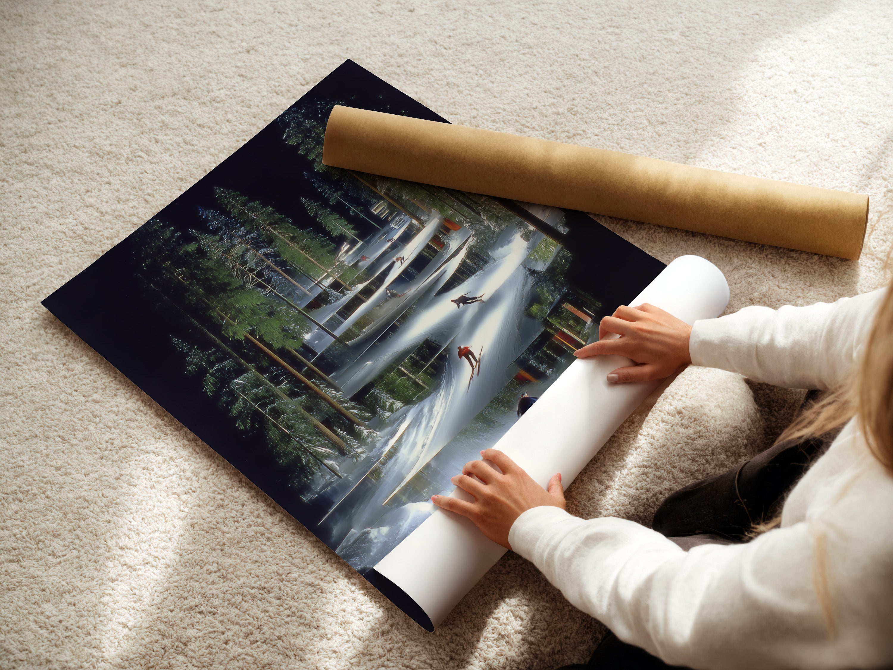 A woman carefully rolling a fine art poster paper. Preparing modern ski resort artwork for display. This alpine forest wall art is ready to elevate your home decor. Perfect for winter sports enthusiasts and art lovers alike.