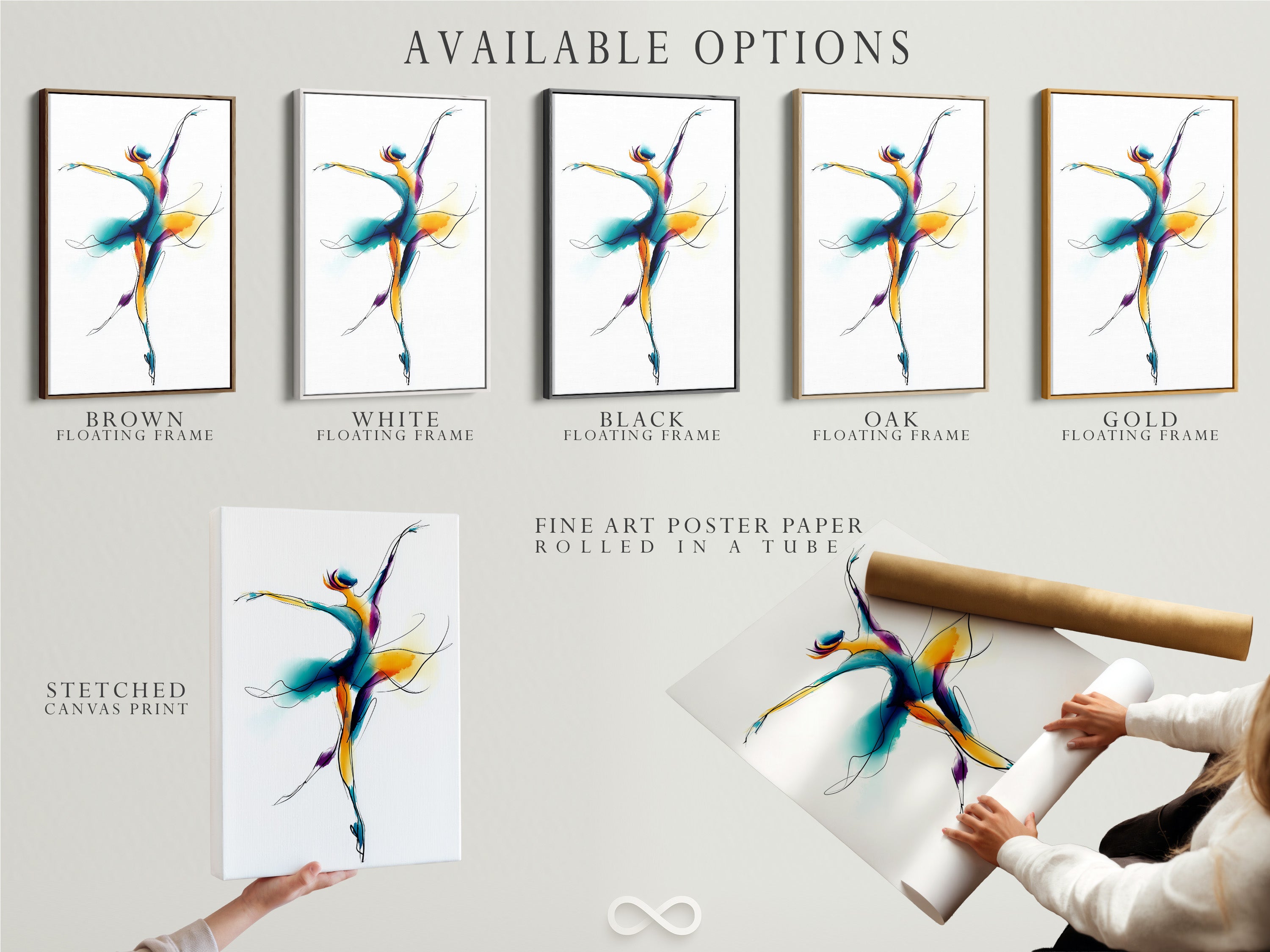 Available options for a ballet dancer artwork. Choose between a stretched canvas print fine art poster paper or a floating frame. This wall art features a watercolor dance illustration. The primary color is blue. The secondary color is gold. A great piece for your home.
