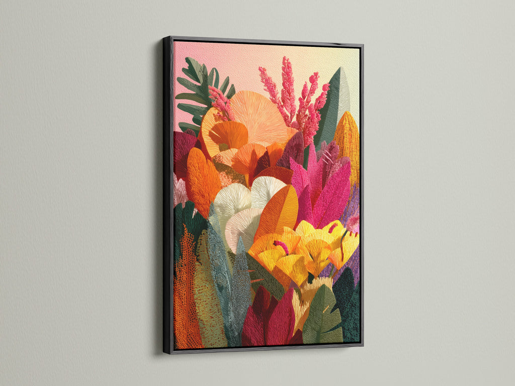 A bold floral artwork is presented in a sleek black frame. The contrast between the colorful artwork and the black frame is striking. It makes the artwork stand out. This framed piece adds a touch of sophistication and drama to any space. The perfect art.