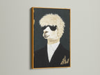 Cool Llama Art Print in a gold frame hangs on a white wall. This quirky animal wall art features a llama wearing sunglasses and a suit. The gold frame adds a touch of elegance. Perfect formal portrait canvas print for office wall decor.