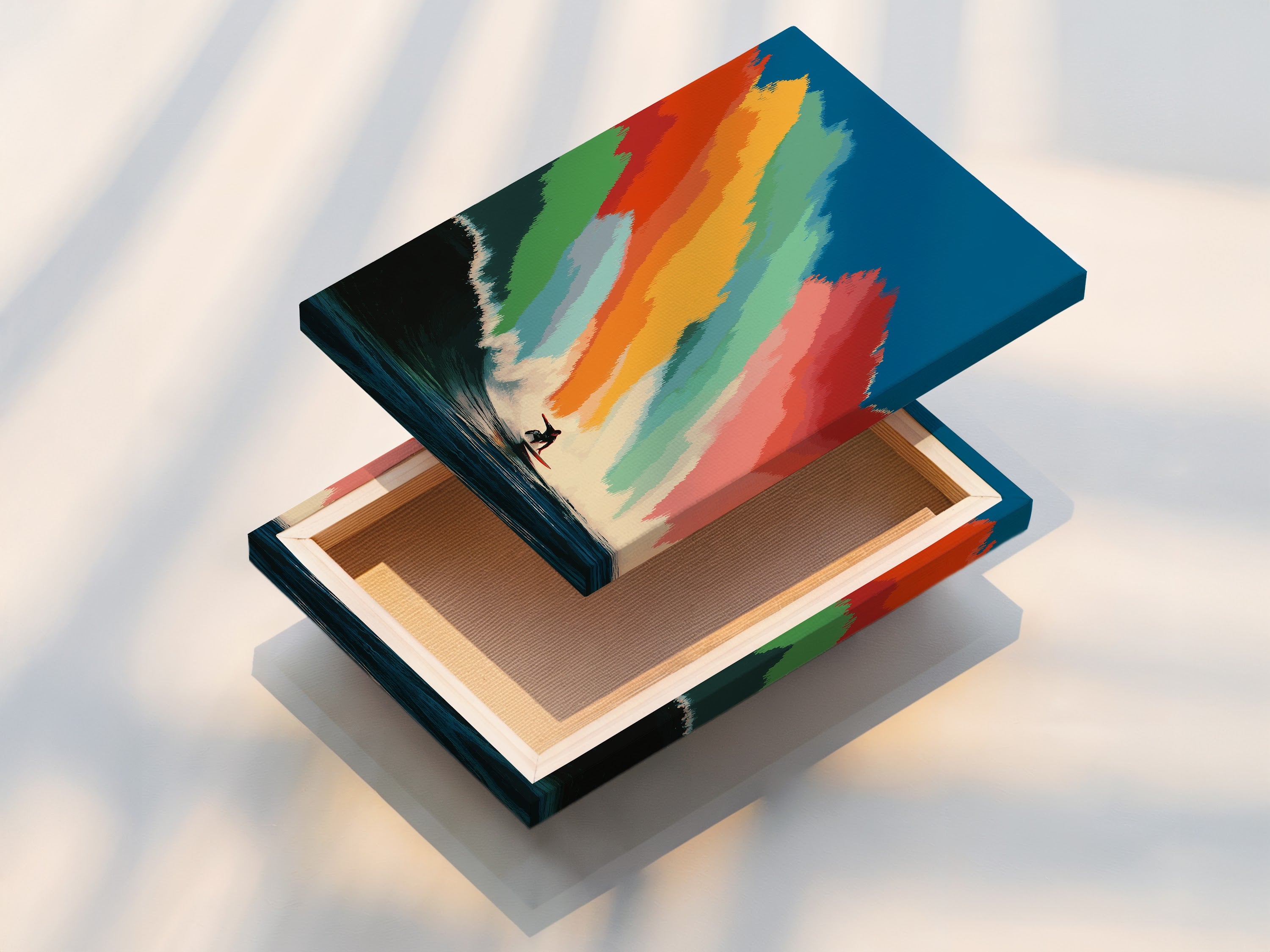 A stretched canvas print displays vivid surfer wall art. The canvas is expertly stretched for a gallery-quality look. Stretched canvas prints offer a clean and modern presentation. This colorful wave canvas art is ready to hang and will transform any space.