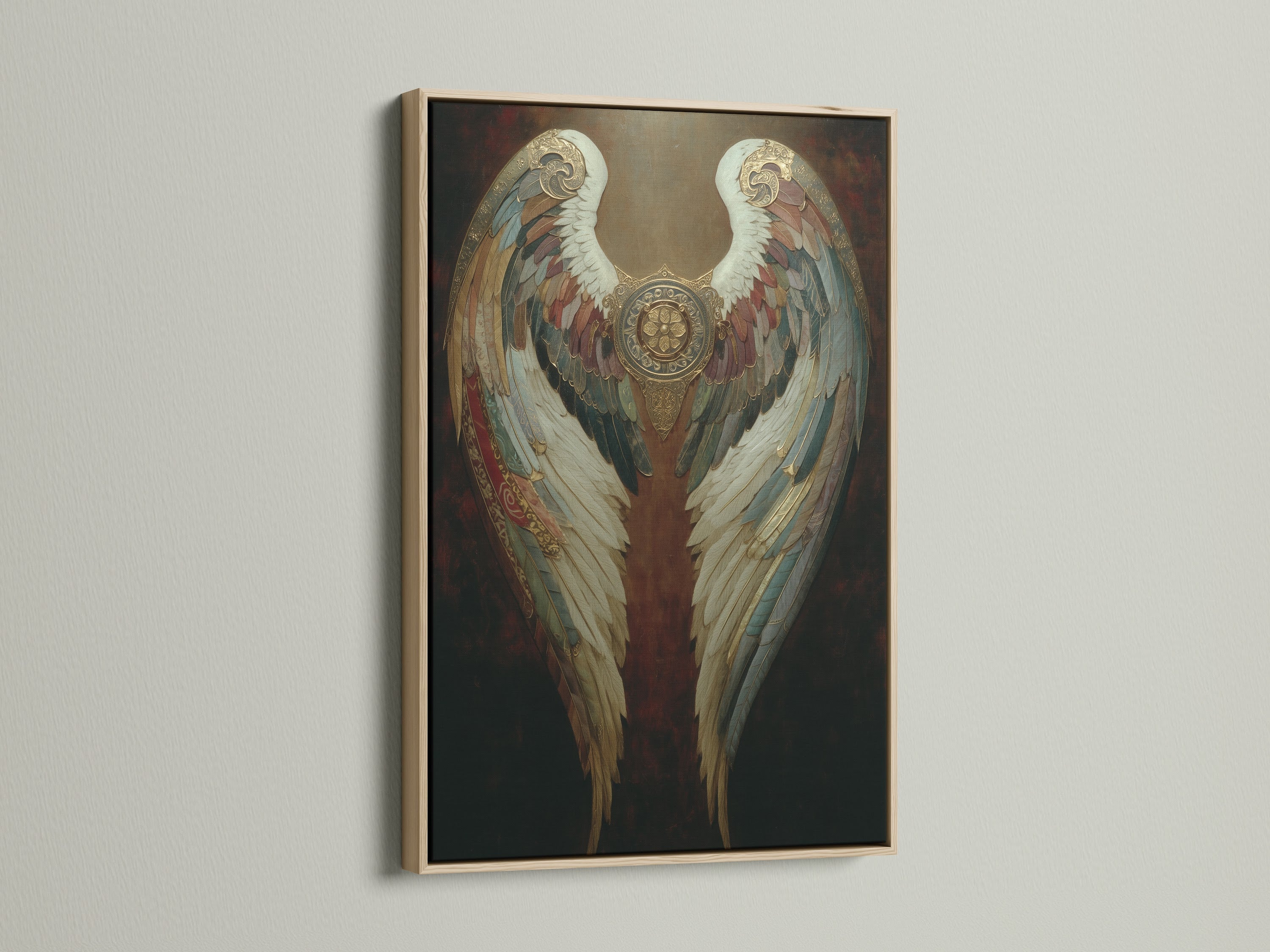 Angel wings canvas print in an oak frame. Gothic wall art brings vintage charm to your living room. Spiritual decor for a serene bedroom ambiance. The ornate angel wings art adds a touch of elegance. Perfect dark academia artwork for gothic home interiors. Feather art enhances your space.