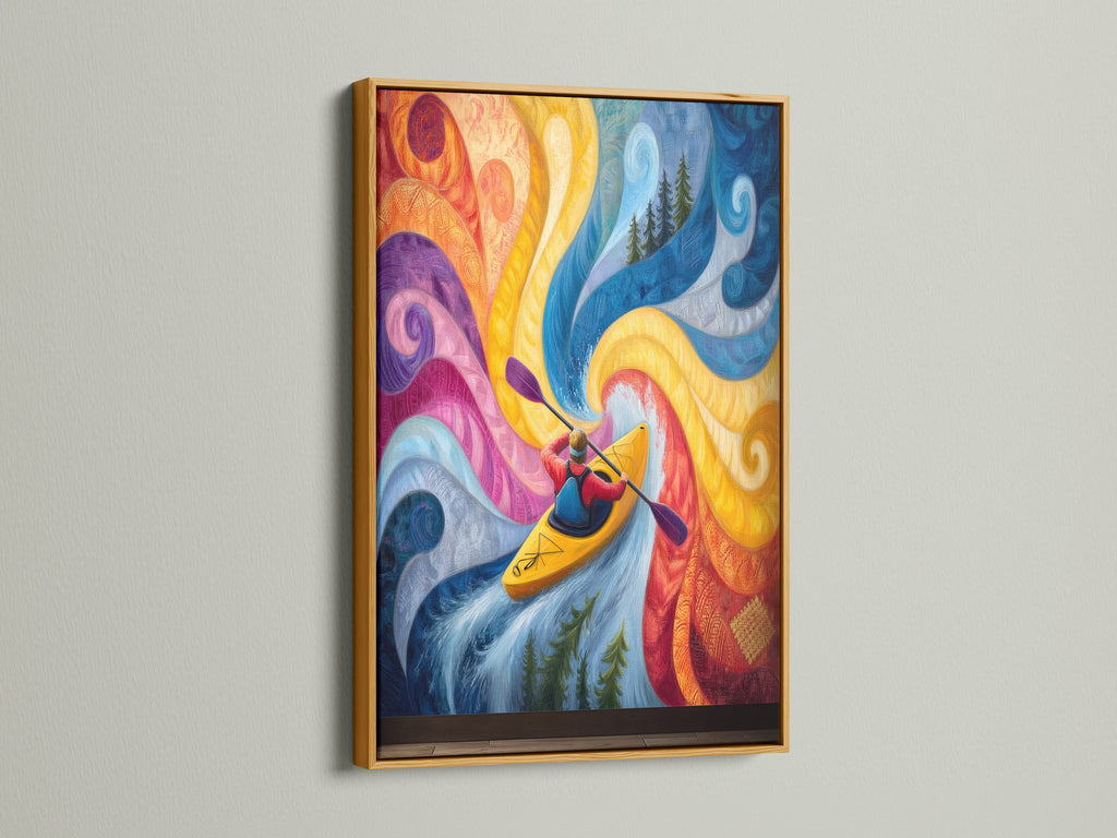 Kayaking abstract river canvas print in a luxurious gold frame. This vibrant art brings a touch of elegance to any room. The kayaker navigates a swirling river in this modern home decor piece. Perfect for adding sophistication.