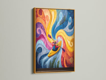 Kayaking abstract river canvas print in a luxurious gold frame. This vibrant art brings a touch of elegance to any room. The kayaker navigates a swirling river in this modern home decor piece. Perfect for adding sophistication.