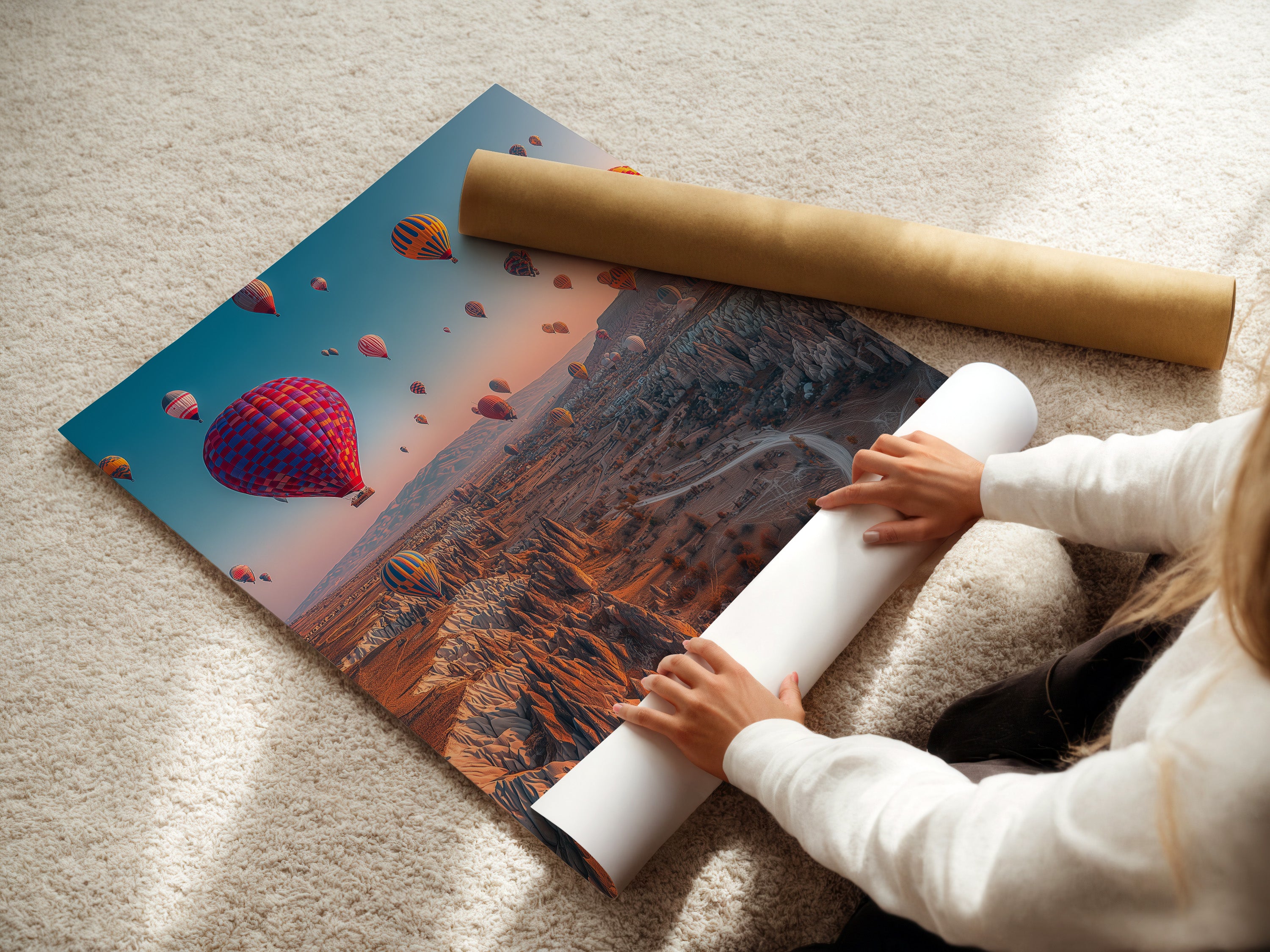 A woman is carefully rolling fine art poster paper. The paper showcases a stunning Cappadocia landscape. This ensures safe transportation. The fine art poster paper is ready for framing and display as travel wall art.