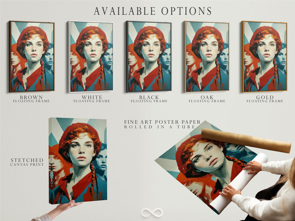 Available options for the Retro Woman Art. Choose from a stretched canvas print fine art poster paper or floating frame. Vintage pop art style wall decor. The artwork features red hair and teal orange hues.