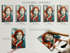 Available options for the Retro Woman Art. Choose from a stretched canvas print fine art poster paper or floating frame. Vintage pop art style wall decor. The artwork features red hair and teal orange hues.