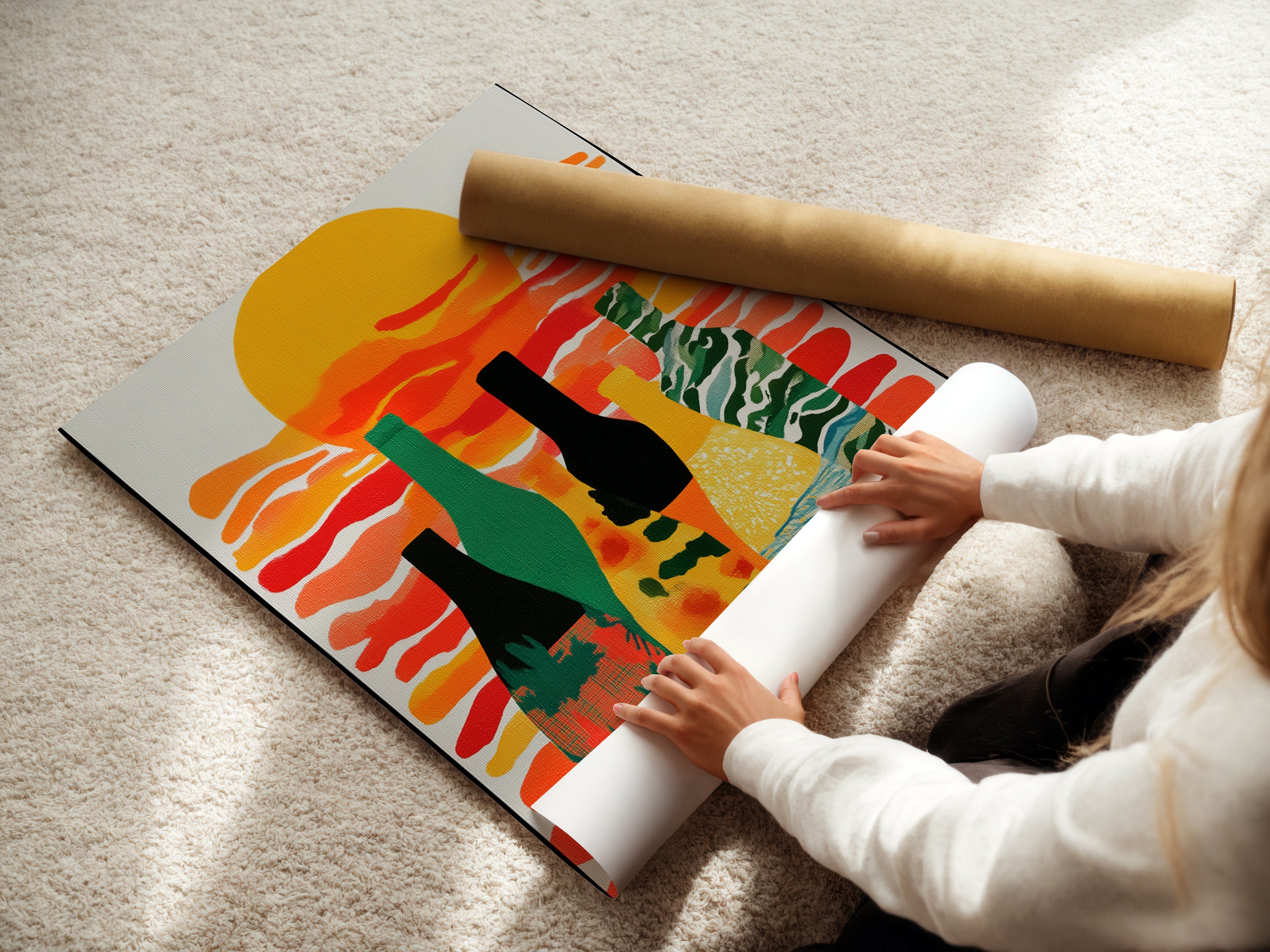 A woman carefully rolls a fine art poster paper. The paper features a modern abstract wine bottle artwork. Ideal for adding a touch of color to kitchens and dining rooms. Perfect for art lovers.
