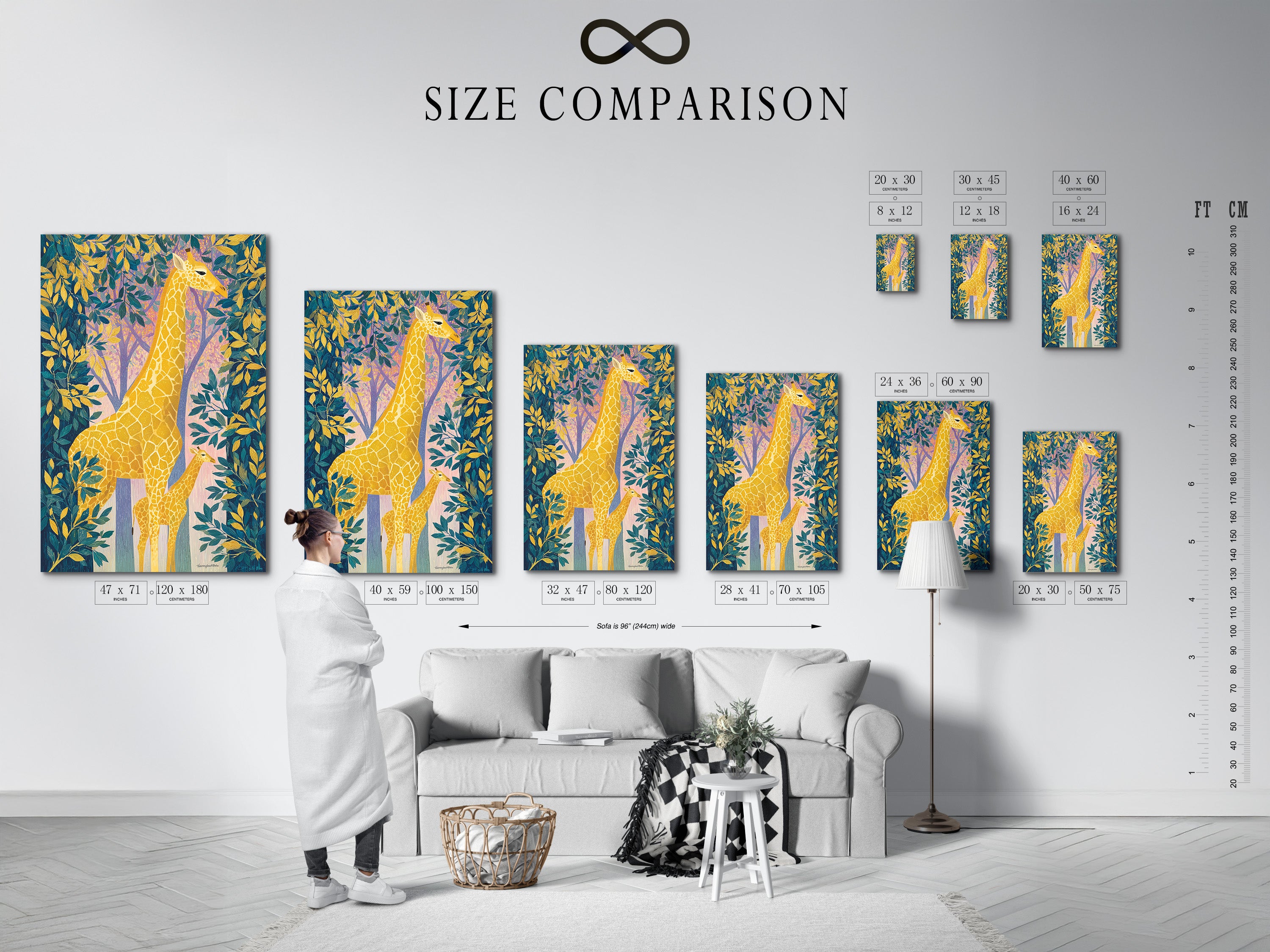 A size comparison chart is shown in an interior setting. This giraffe artwork is available in various sizes to suit any space. The safari nursery art is perfect for kids room decor. Choose the ideal dimensions for this tropical animal art. Visualize the artwork's impact.