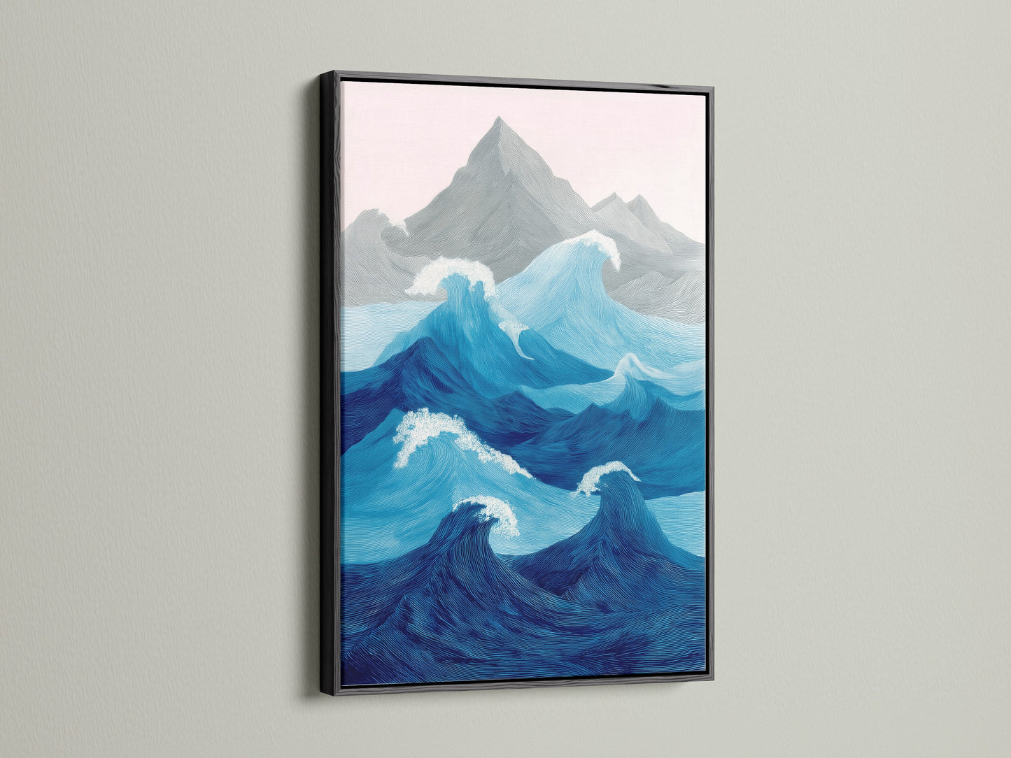 The ocean wave artwork is framed in sleek black. The black frame creates a striking contrast. The wall art is perfect for a contemporary space. The colors are bold and expressive. The artwork brings a sense of drama and sophistication. This is an excellent choice for modern art lovers. It is a statement piece that captures attention
