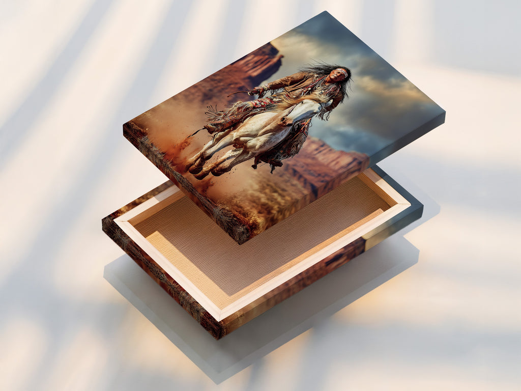 Native American Warrior Canvas Print - Western Horse Art, Southwestern Wall Decor for Office Man Cave