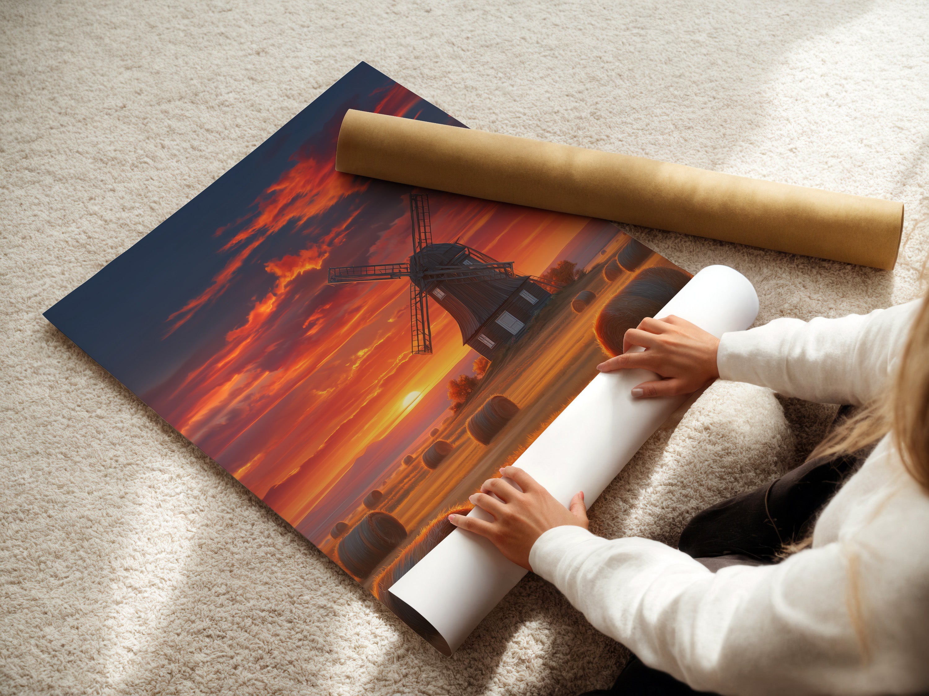 A woman is carefully rolling a fine art poster paper. The paper features a beautiful windmill sunset artwork. This highlights the care in producing high-quality wall art for your home.