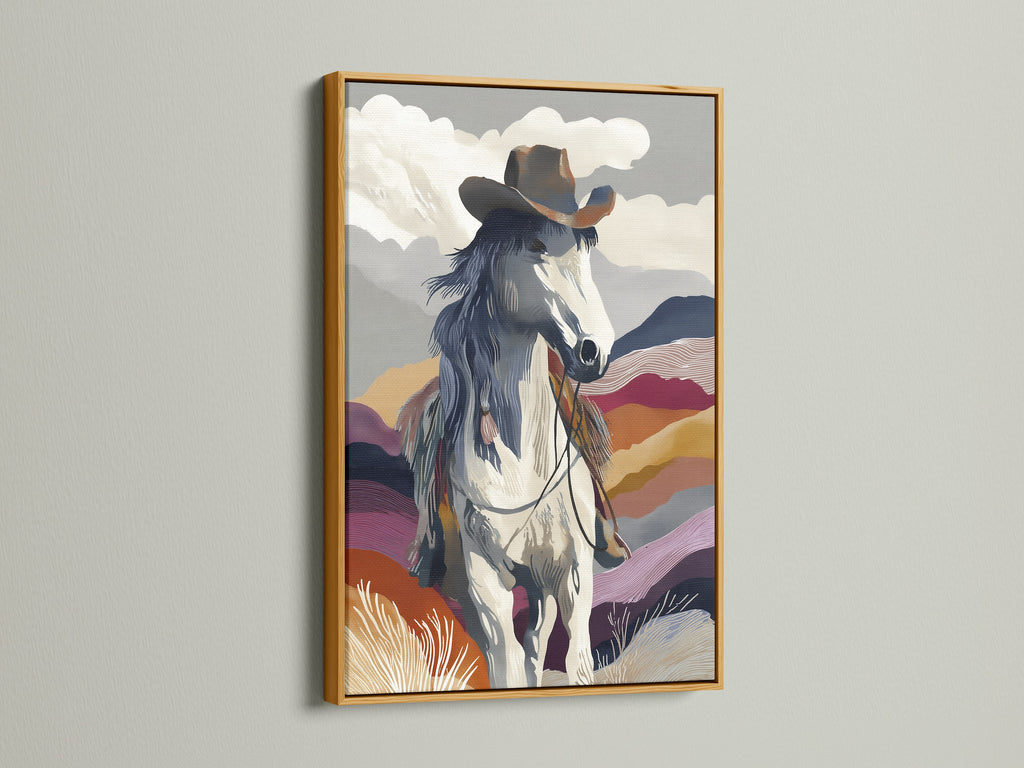 Add a touch of luxury with a gold frame for this cowboy artwork. The southwestern landscape artwork brings elegance to your walls. Ideal for equestrian art lovers and those seeking refined western home decor. Explore this horse wall art.