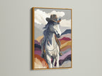 Add a touch of luxury with a gold frame for this cowboy artwork. The southwestern landscape artwork brings elegance to your walls. Ideal for equestrian art lovers and those seeking refined western home decor. Explore this horse wall art.