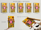 Available options for a Colorful Owl artwork. Choose between a stretched canvas print fine art poster paper or a floating frame. The folk art print features a whimsical bird. Perfect for kids bedroom or nursery decor. Add charm to your space with this contemporary artwork. The primary color is pink and the secondary color is yellow.